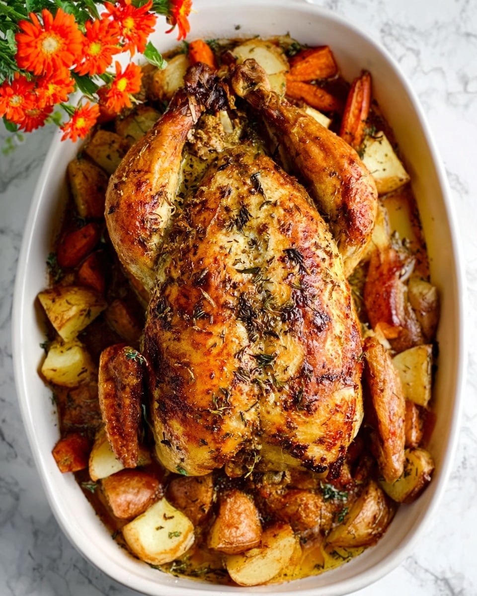 The image shows a whole roasted chicken with crispy golden brown skin, sitting in the center of a white oval dish. The chicken is well seasoned with herbs and spices visible on the surface, giving it a textured and slightly shiny look. Surrounding the chicken in the dish are chunky pieces of roasted potatoes and small carrots, all cooked to a golden color with some browning on the edges. The dish is placed on a white marbled background, and in the top left corner, orange flowers add a touch of bright color. Photo taken with an iphone --ar 4:5 --v 7