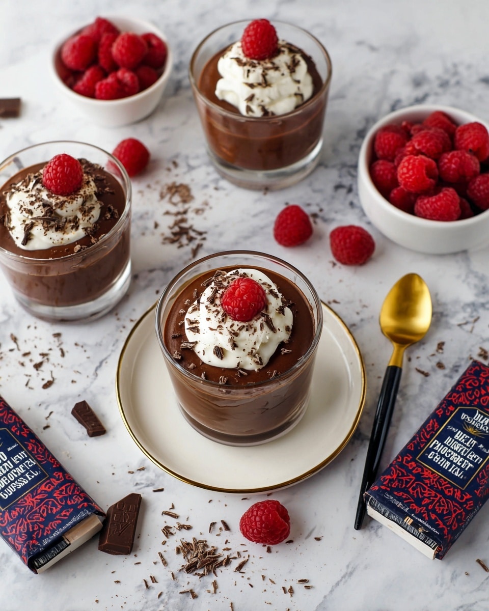 The image shows three clear glass cups filled with dark brown chocolate mousse on a white marbled surface. Each cup has a layer of smooth chocolate mousse at the bottom, topped with a dollop of white whipped cream based in the center, sprinkled with dark chocolate shavings, and a single bright red raspberry on top. The cups are placed on white plates with thin gold rims. Around the cups, there are loose fresh raspberries scattered, a small white bowl filled with raspberries, and two chocolate bars with navy-blue wrappers decorated with red patterns lying next to a gold and black spoon. Some chocolate shavings are scattered on the marbled surface. Photo taken with an iphone --ar 4:5 --v 7
