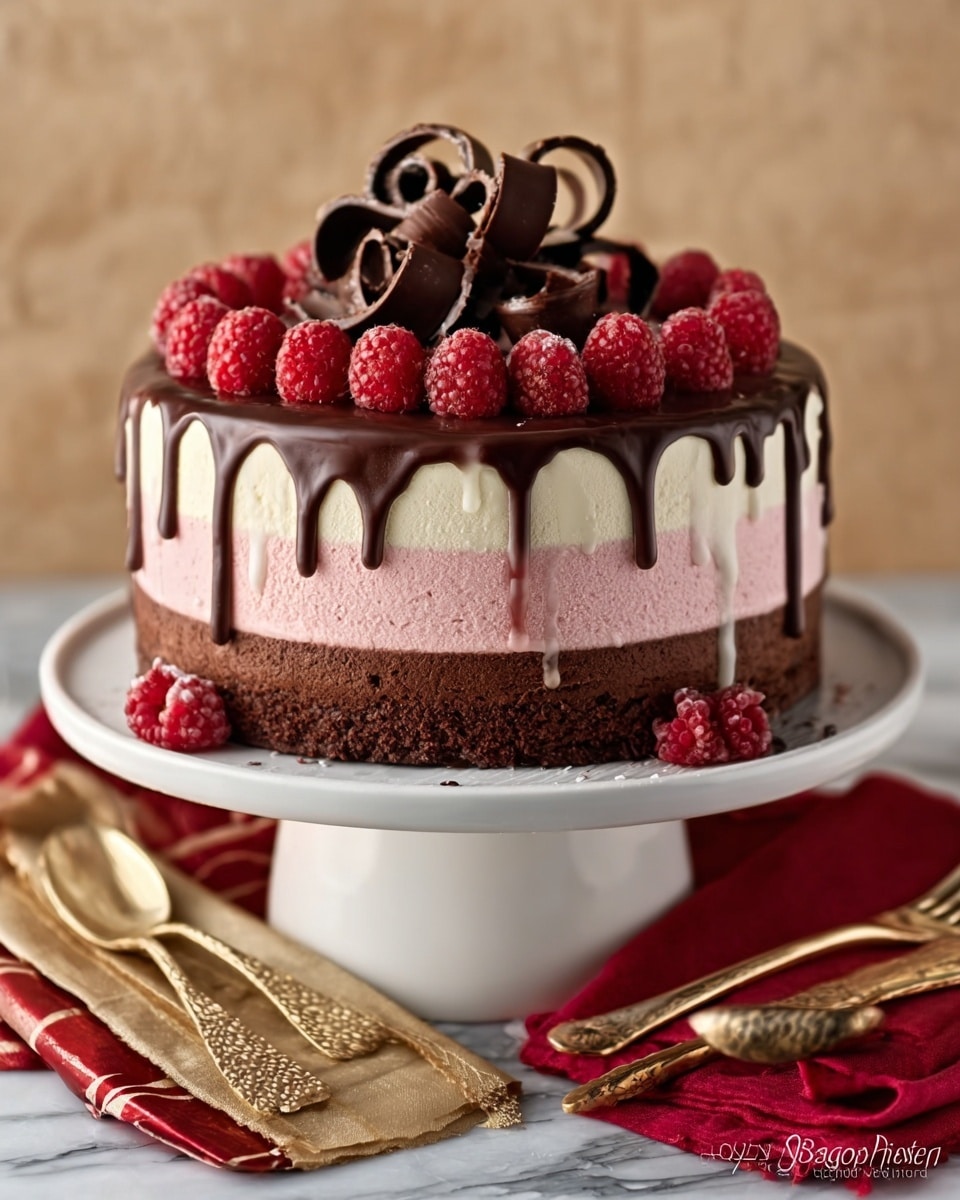 A rich chocolate cake with three distinct layers: a dark brown bottom layer with a dense texture, a middle layer of light pink cream, and a smooth white top layer. The sides have white chocolate dripping down in thin lines. On top, there is a circle of fresh red raspberries and dark chocolate curls in the center, all presented on a white cake stand. The scene is set on a white marbled surface with gold and red cloth napkins and utensils nearby. photo taken with an iphone --ar 4:5 --v 7