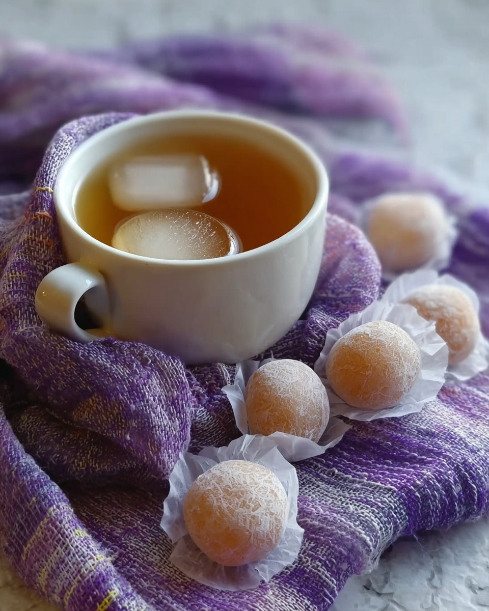 A white ceramic cup filled with light brown tea with two round ice cubes floating on top sits on a purple and white woven cloth. Around the cup, on the cloth, there are six translucent white paper-wrapped round candies with a light brown color inside. The surface under the cloth is a white marbled texture. Photo taken with an iphone --ar 4:5 --v 7