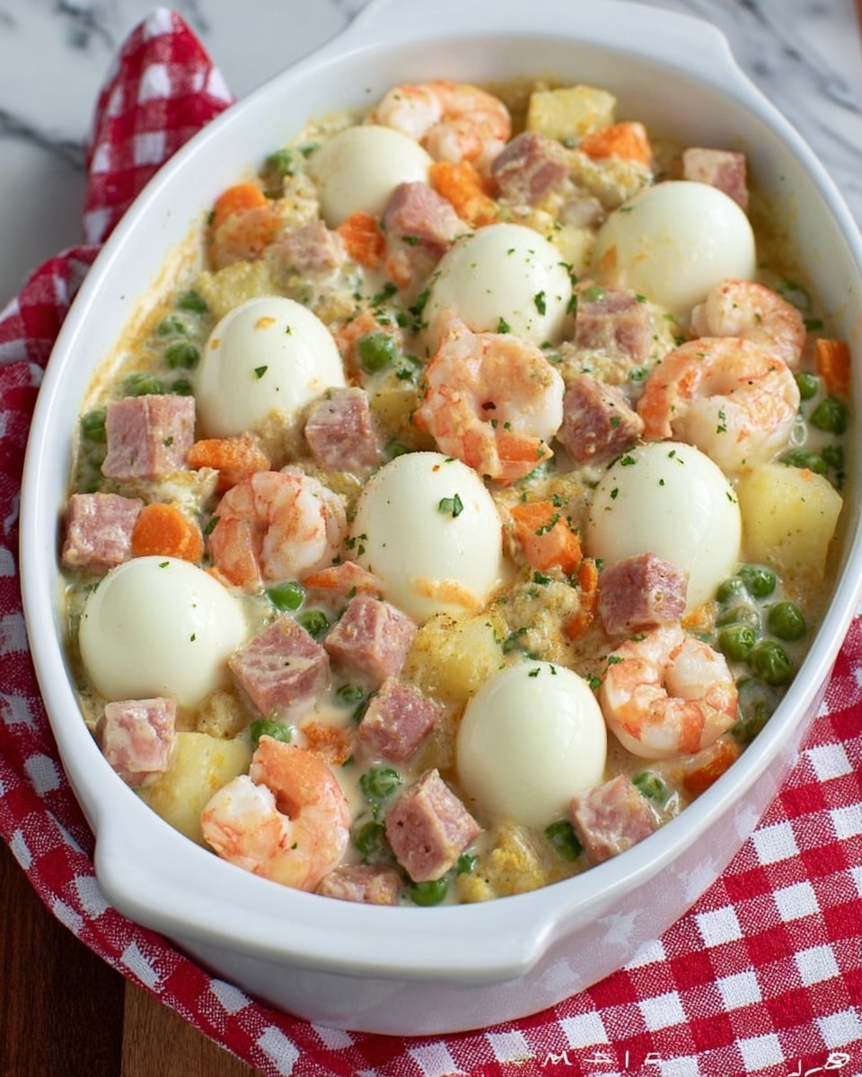 The dish is served in a white ceramic oval baking dish filled with a creamy mixture layered with smooth, white hard-boiled eggs, light pink shrimp, light brown cubes of meat, small orange carrot pieces, green peas, and chunks of pale yellow or white vegetables. Each ingredient is mixed evenly, showing a soft creamy sauce that binds all the colorful elements together. The dish rests on a red and white checkered cloth on a white marbled surface. Photo taken with an iphone --ar 4:5 --v 7