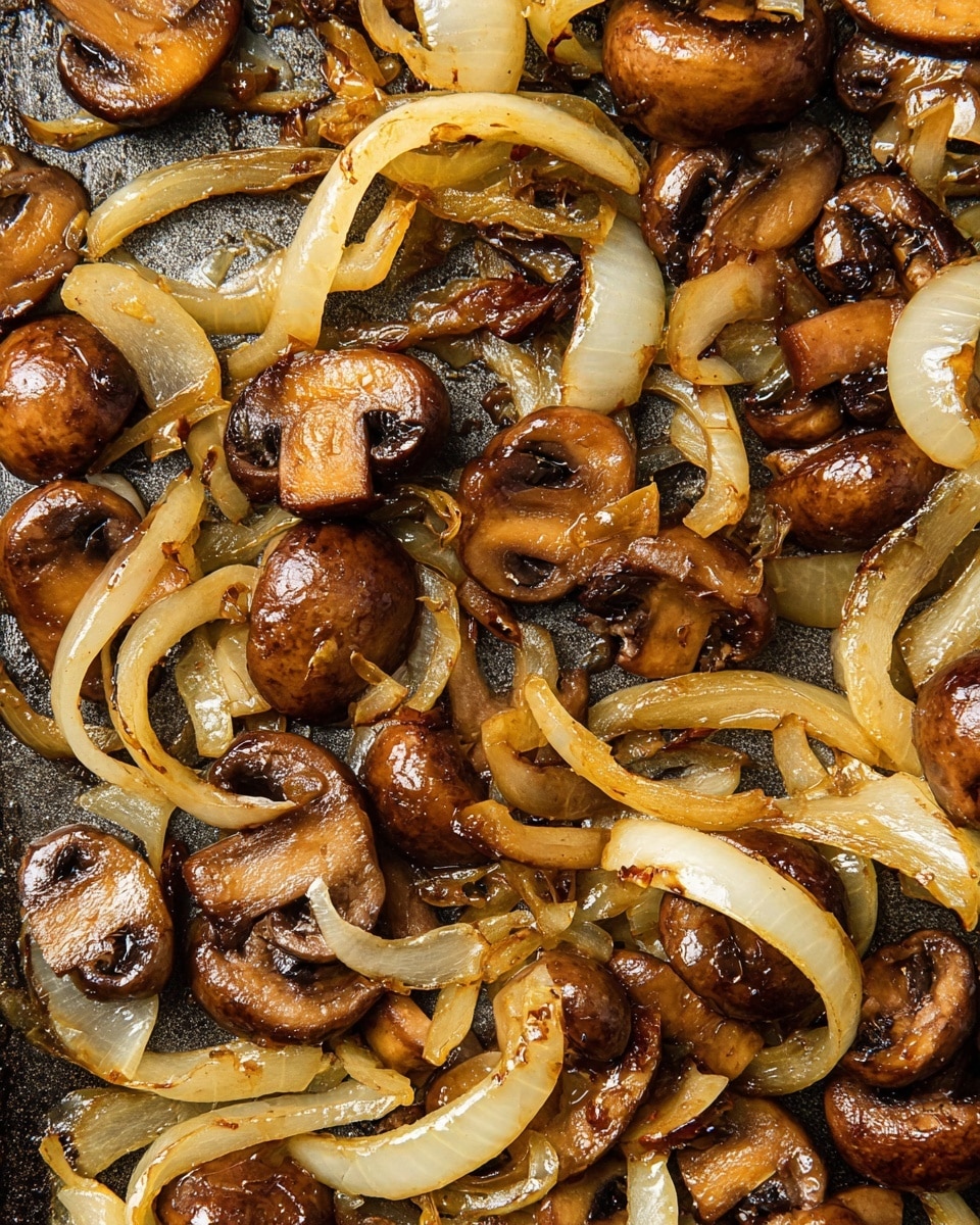 The image shows a close-up view of cooked mushrooms and onions mixed together on a dark, textured surface. The mushrooms are a rich brown color with shiny, moist textures, showing both whole and sliced pieces scattered evenly. The onions are soft with a pale yellow to light golden color, sliced into thin curved strips that weave through the mushrooms. The overall dish has a warm, slightly glossy look with some darker caramelized spots on the onions and mushrooms, giving a cooked and seasoned feel. photo taken with an iphone --ar 4:5 --v 7