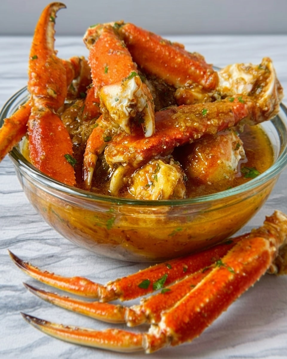 The dish shows a deep clear glass bowl filled with cooked crab legs in a bright orange color mixed with a yellowish garlic sauce. Several crab legs are inside the bowl with a textured sauce coating them, including visible small bits of garlic and herbs. Around the bowl, there are more crab legs arranged casually on a white marbled surface. The crab shells have a shiny look with spots of sauce on them, and the overall image has a warm, inviting color tone. Photo taken with an iphone --ar 4:5 --v 7