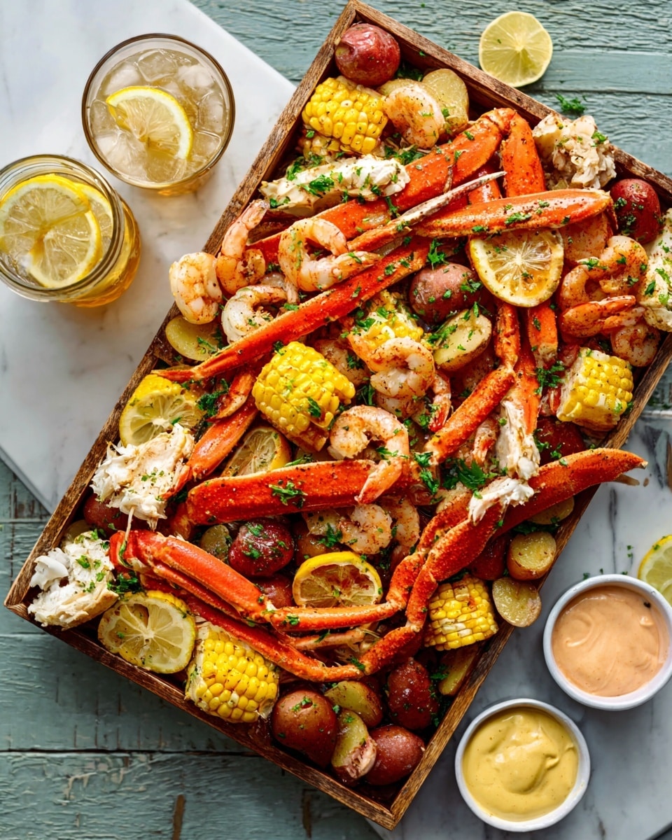 The image shows a large wooden tray full of a seafood boil. The bottom layer has bright orange crab legs and shrimp with curled tails, mixed with chunks of yellow corn on the cob and small red potatoes. Scattered over this are sliced lemons with a pale yellow inside and bright green parsley leaves. The tray sits on a white marbled surface, and on the upper left side, there's a tall glass of iced drink with lemon and ice cubes. On the bottom right, two small white bowls hold light yellow mustard sauce and a light pink dipping sauce. The scene looks colorful and fresh with a mix of orange, red, yellow, and green tones. Photo taken with an iphone --ar 4:5 --v 7