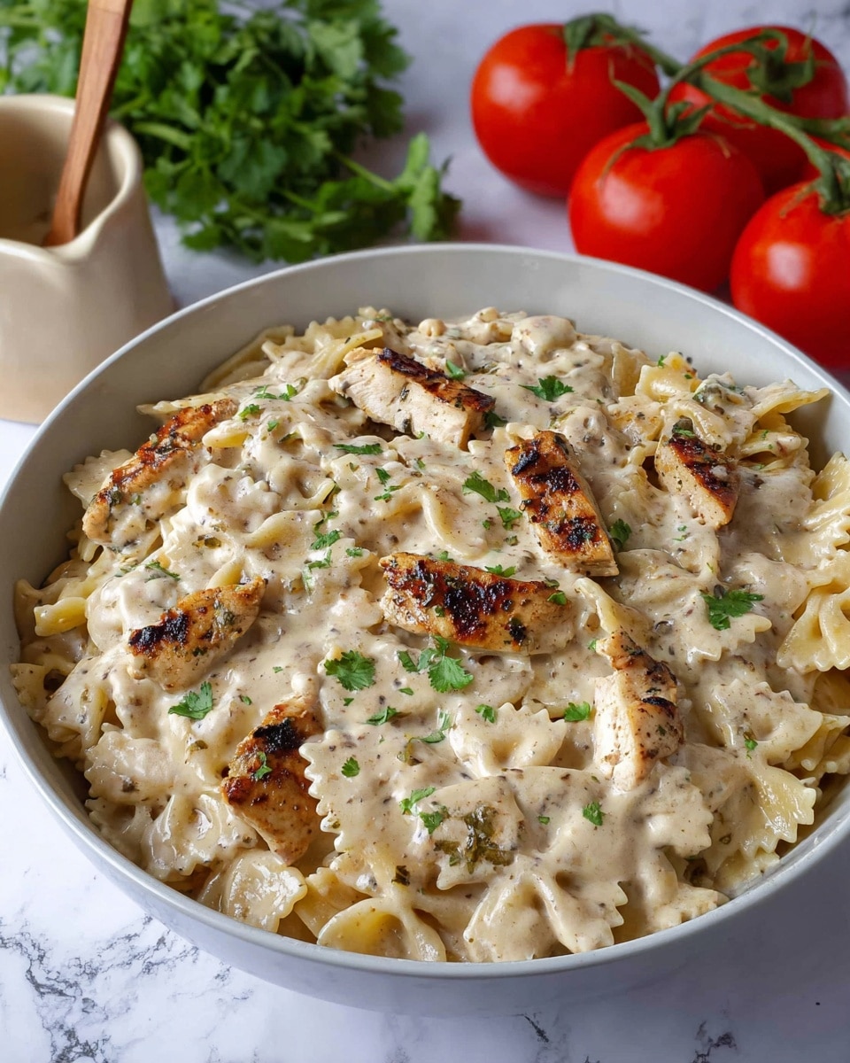A white bowl filled with creamy bow-tie pasta mixed with grilled chicken strips, all covered in a thick white sauce speckled with herbs. The chicken pieces have a light brown grilled texture with some char marks, scattered evenly throughout the dish. Small green cilantro leaves are sprinkled on top, adding a touch of color. In the background, ripe red tomatoes on the vine rest on a white marbled surface along with fresh cilantro leaves, while a pale beige cup with a wooden spoon is placed slightly out of focus. photo taken with an iphone --ar 4:5 --v 7