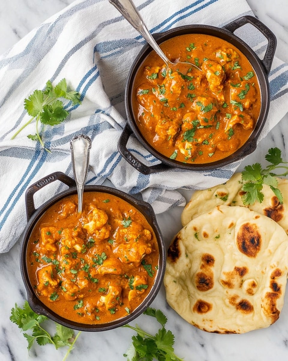 Two small black cast iron pots filled with thick orange curry containing chunks of chicken and cauliflower, topped with chopped green cilantro. One pot has a spoon with a silver handle resting inside. To the right, two pieces of light beige naan bread with some browned spots, placed on a white and blue striped cloth. Sprigs of fresh cilantro are scattered around on a white marbled surface. photo taken with an iphone --ar 4:5 --v 7