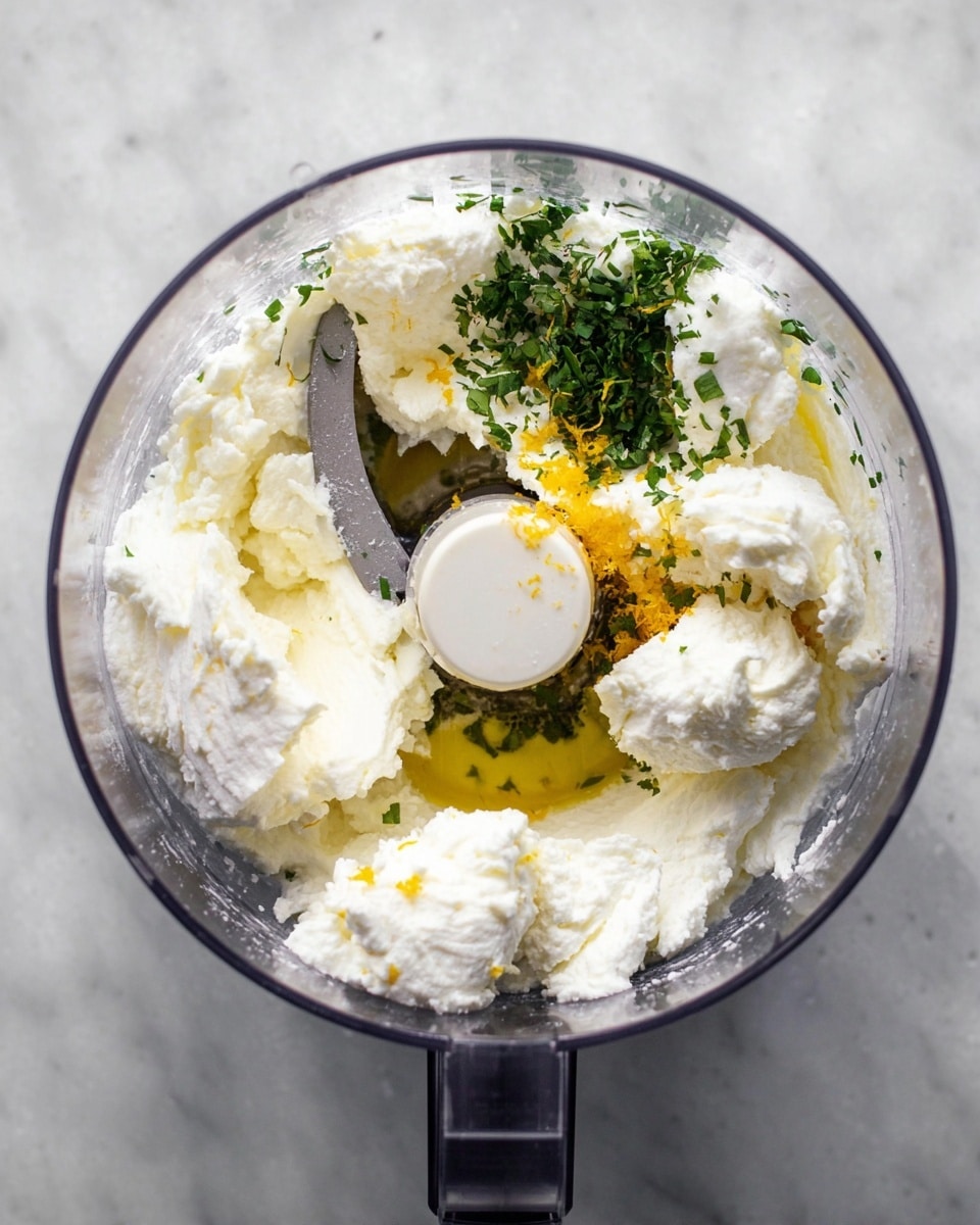 The image shows a clear food processor bowl on a white marbled surface containing a few large clumps of soft white cheese spread around the blade. There is a small amount of finely chopped green herbs on one side and a drizzle of golden-yellow oil mixed with a bit of orange zest on top of the cheese near the center. The plastic bowl and blade are clearly visible inside, with the cheese texture looking fluffy and creamy. Photo taken with an iphone --ar 4:5 --v 7