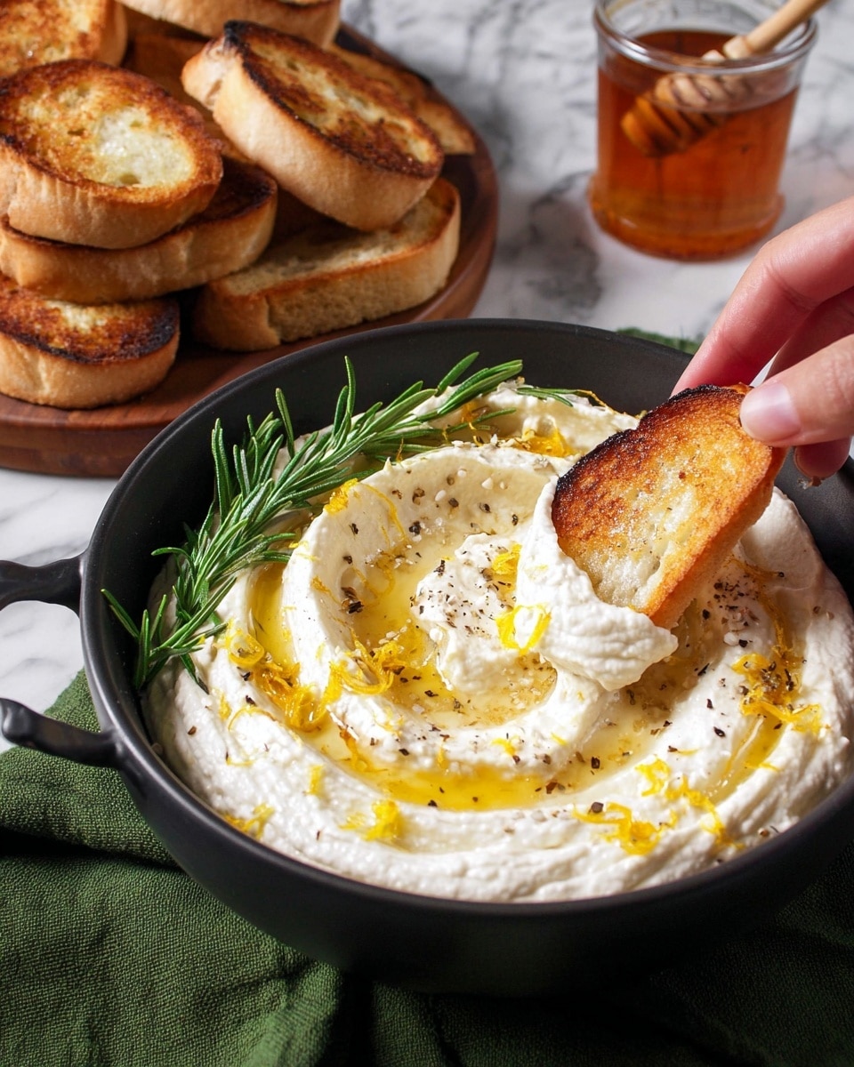 A black bowl is filled with a thick layer of white creamy dip, swirled with a golden honey drizzle and sprinkled with small black pepper specks and yellow lemon zest. On the left side of the bowl, there are fresh green rosemary sprigs placed on top of the dip. A woman's hand is holding a piece of golden brown toasted bread, dipping it into the creamy mix. Behind the bowl, multiple pieces of toasted bread are stacked on a wooden board, and to the top right, there is a glass jar filled with amber honey and a honey dipper inside. The whole scene is set on a white marbled surface with a green cloth under the bowl photo taken with an iphone --ar 4:5 --v 7