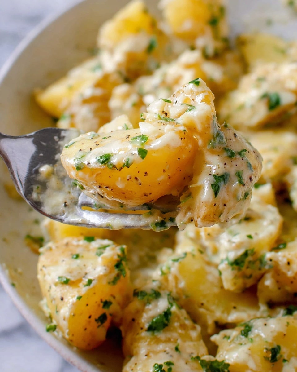 The image shows a close-up of a spoon holding soft yellow potato pieces mixed with a creamy white sauce that has a slightly grainy texture. The potatoes are coated with small green fresh herb bits, mostly parsley, and specks of black pepper. The mix looks smooth and moist with a little sheen from the sauce. The background shows more of the same potato mixture in a white dish, resting on a white marbled surface. A metal fork is partially visible in the background, touching the potato mixture, adding a casual, ready-to-eat feel. Photo taken with an iphone --ar 4:5 --v 7