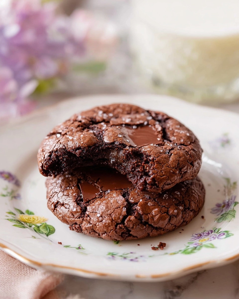 Two chocolate cookies are stacked on a white plate with small green and purple flower designs; the top cookie has a bite taken out of it, showing a dark, rich, and soft inside texture. The cookies have cracked surfaces with a slightly shiny, uneven finish, highlighting the chocolate chunks inside. The plate sits on a white marbled texture, and blurred flowers and a glass of milk appear softly in the background. photo taken with an iphone --ar 4:5 --v 7