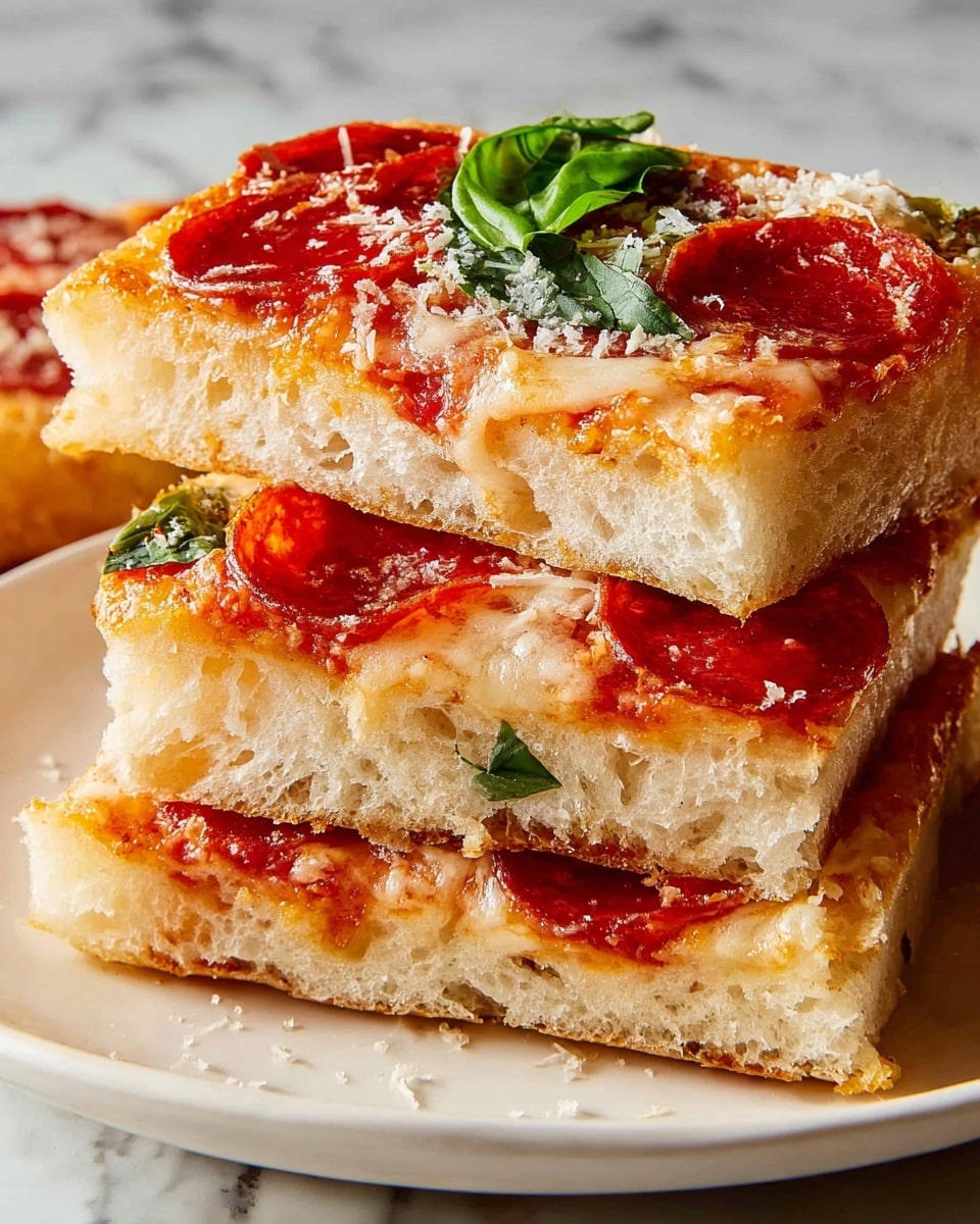 A stack of three thick pizza slices is shown on a white plate. Each slice has a base layer of light golden, fluffy bread with a soft texture. Above the dough, there is a layer of melted cheese that is slightly browned in some areas, topped with round red pepperoni slices. The top slice has a small green spinach leaf and some grated white cheese sprinkled on it. The plate rests on a white marbled surface. Photo taken with an iphone --ar 4:5 --v 7