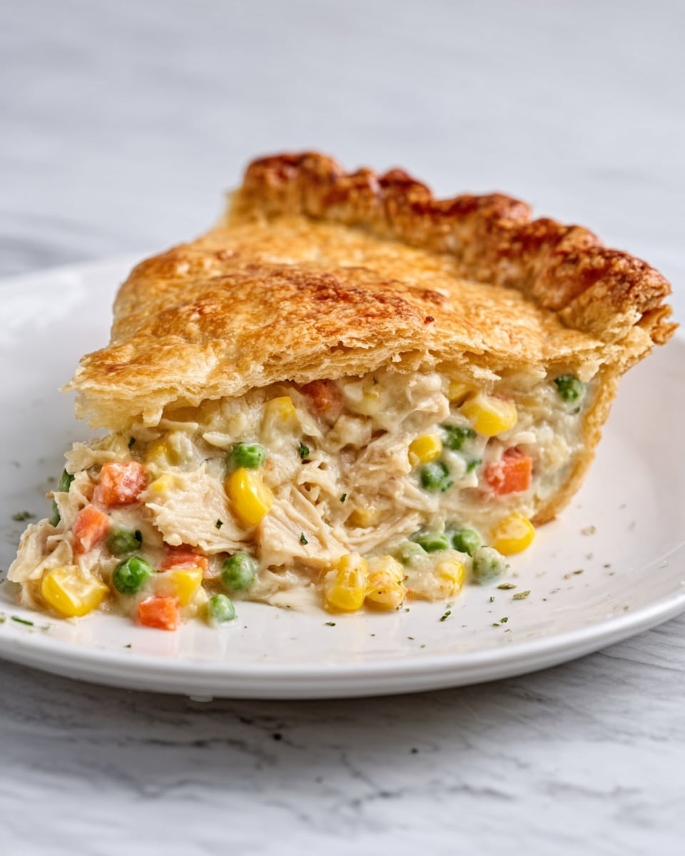 A slice of pie with a thick golden crust on top and on the edges sits on a white plate. Inside, the filling has small pieces of light-colored chicken, green peas, orange carrot bits, and yellow corn, mixed evenly. The filling looks creamy and soft. The plate is on a white marbled surface. Photo taken with an iphone --ar 4:5 --v 7
