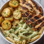 Loaded Herb Grilled Chicken with Creamy Pesto Pasta & Roasted Potatoes Recipe