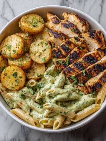 Loaded Herb Grilled Chicken with Creamy Pesto Pasta & Roasted Potatoes Recipe