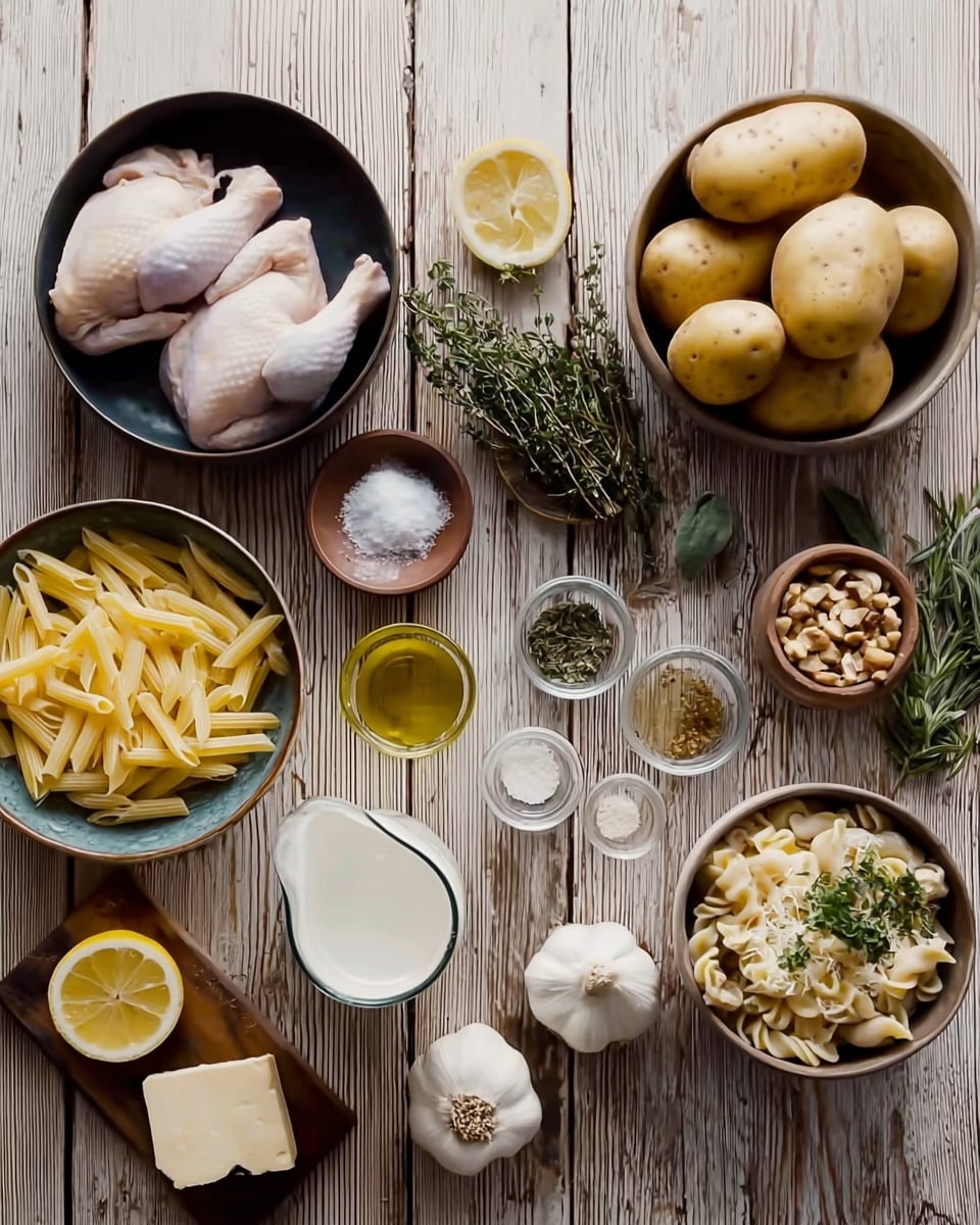 The image shows raw cooking ingredients arranged neatly on a wooden table, each in different bowls and containers. On the left, two raw chicken pieces sit in a dark bowl, next to fresh thyme in a small brown bowl, and five whole potatoes in a similar bowl. There are garlic bulbs and a sliced lemon on a wooden tray with raw pasta near the bottom left. A white cream pitcher is placed below, with small glass bowls around it containing salt, pepper, olive oil, and a block of butter. On the right, there is a bowl of raw pasta mixed with sliced mushrooms, a small bowl of chopped nuts, and fresh herbs laid out on the table near the top right. The setting captures all ingredients clearly with natural lighting on a white marbled textured surface photo taken with an iphone --ar 4:5 --v 7