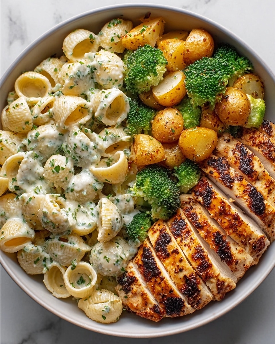 A white bowl filled with three main sections: on the left, creamy shell pasta coated in white sauce sprinkled with green herbs; in the middle, green broccoli florets mixed with small golden-brown roasted potatoes; on the right, sliced grilled chicken with a slightly charred, golden-brown and seasoned top, arranged neatly in a row. The bowl sits on a white marbled surface. photo taken with an iphone --ar 4:5 --v 7
