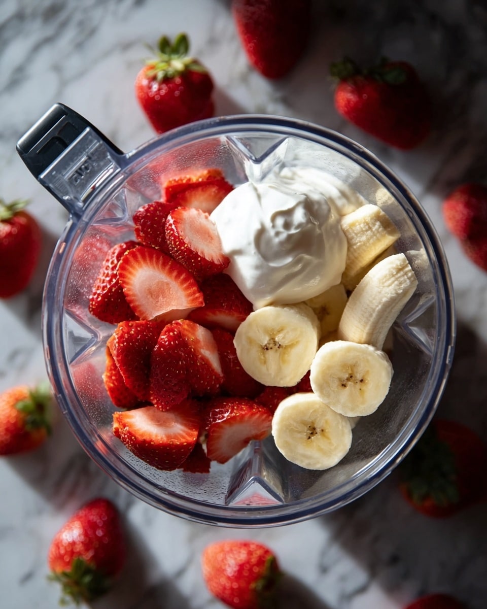 A clear blender bowl sits on a white marbled surface, filled with three layers of ingredients: sliced bright red strawberries on the left, creamy white yogurt dolloped in the middle, and sliced soft yellow banana rounds on the right. The strawberries have a fresh, slightly frosty look, and the banana slices show tiny dark seeds at the centers. Around the blender, whole strawberries with green leaves are scattered gently on the white marbled surface. The photo is taken from above with soft natural light highlighting the colors and textures photo taken with an iphone --ar 4:5 --v 7