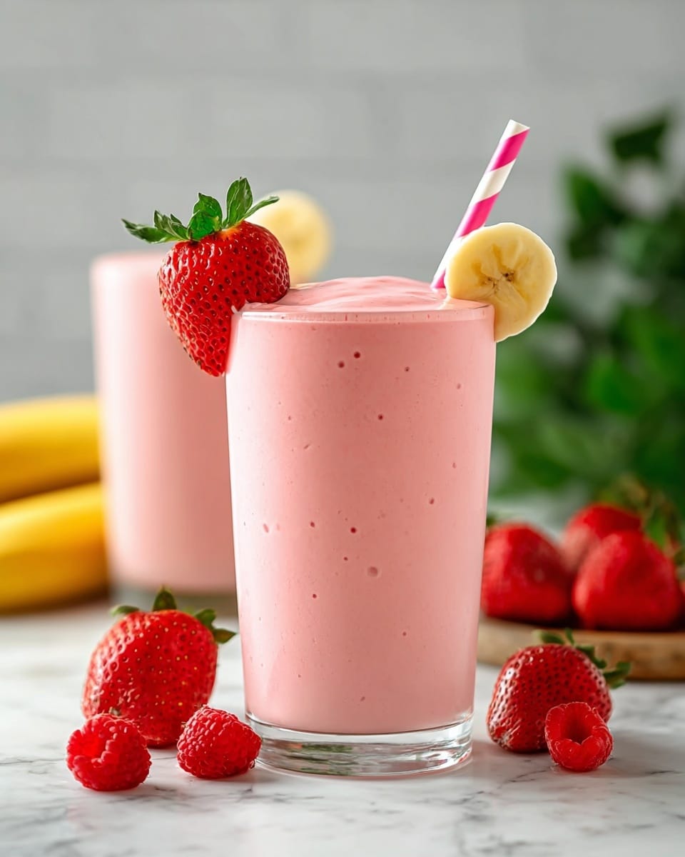 A tall clear glass filled with a smooth, thick pink smoothie, showing small bubbles on the surface. The smoothie fills the glass almost to the top with a soft peak. A large, vibrant red strawberry with green leaves sits on the rim on the left side, while a round banana slice is placed on the right rim with a pink and white striped straw behind it. Around the glass on a white marbled surface, there are several fresh strawberries and two raspberries in front, with bananas and blurred green leaves in the background. Another glass with the same smoothie is softly out of focus to the right. Photo taken with an iphone --ar 4:5 --v 7