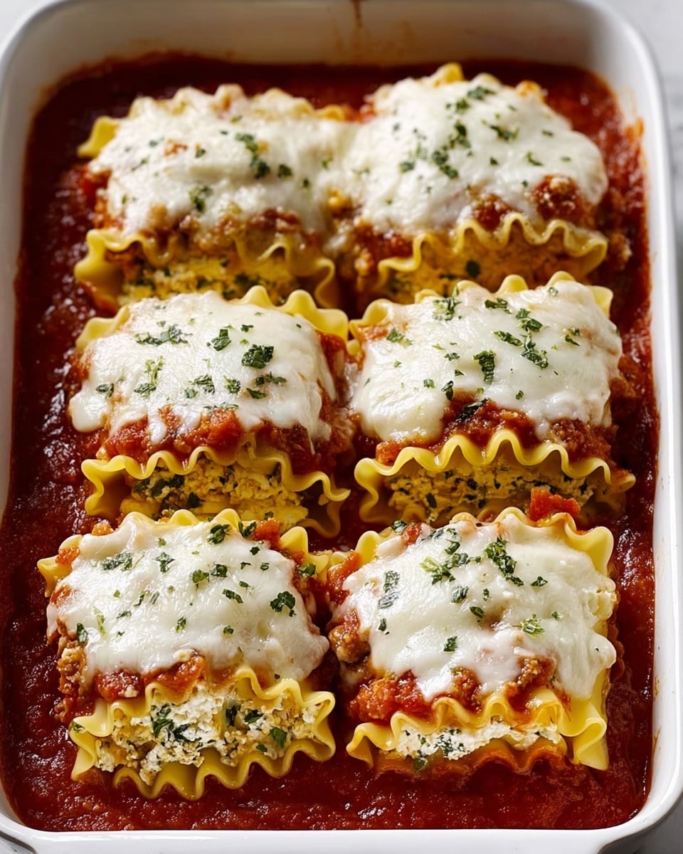 A white baking dish filled with rolled lasagna pieces, each having three visible layers: a yellow pasta layer on the outside with ruffled edges, a middle layer of rich brown meat sauce, and a top layer of melted white cheese sprinkled with green chopped herbs. The lasagna sits over a bright red tomato sauce base covered in spots of melted cheese. One piece is lifted by a wooden spatula held by a woman's hand, showing the inside layers with some cheese stretching between the dish and the lifted roll. The background is a white marbled surface. photo taken with an iphone --ar 4:5 --v 7