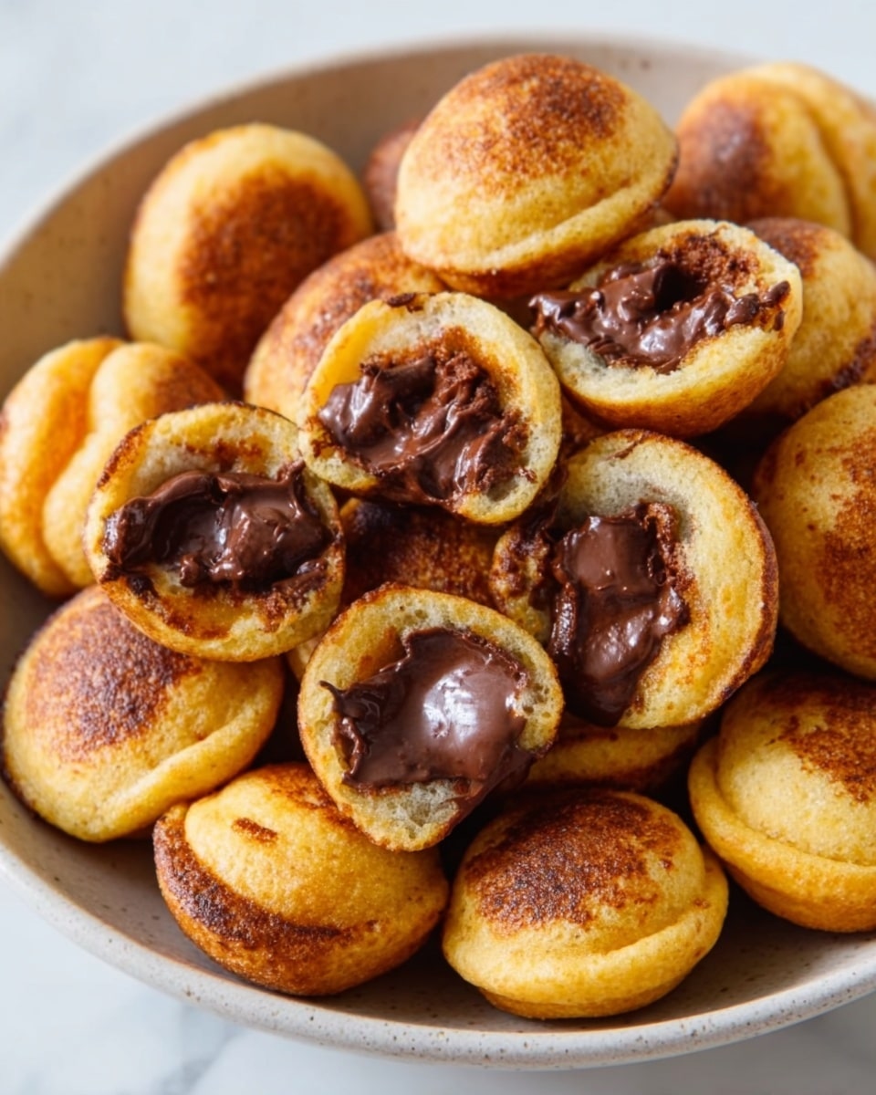 The image shows a white bowl filled with small, round, golden-brown snacks that look like mini stuffed pancakes. Each piece has a slightly crisp, toasted outer layer with a warm, soft inside filled with melted dark brown chocolate that oozes out where some are broken open. The snacks are piled closely together, with a few split in half showing the glossy, rich chocolate center. The bowl sits on a white marbled surface, giving a clean and bright look. photo taken with an iphone --ar 4:5 --v 7