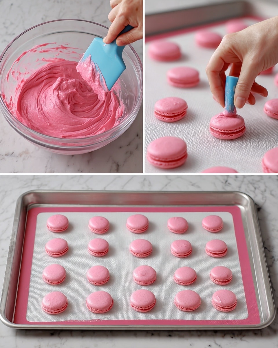 The first image shows a clear glass bowl filled with bright pink batter, with thick, creamy texture, held by a woman's hand while a spatula lifts some of the batter. The second image shows a woman's hand piping the same pink mixture through a blue piping bag, forming small round dollops on a white baking mat inside a metal baking tray. The third image shows the same metal tray filled with evenly spaced, smooth and shiny pink macaron shells resting on the white baking mat with a white marbled surface underneath. photo taken with an iphone --ar 4:5 --v 7