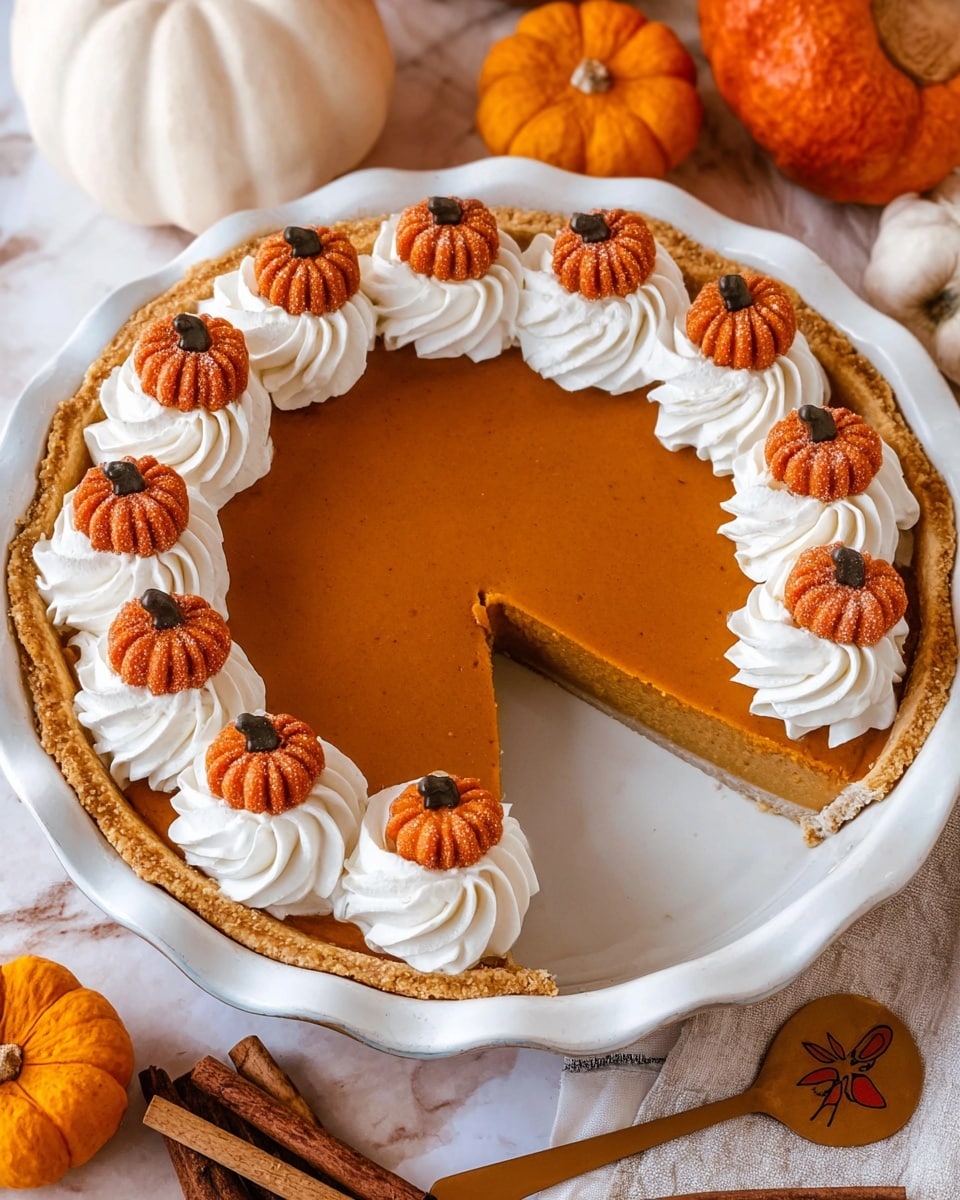 The image shows a pumpkin pie in a white pie dish with a scalloped edge. The pie has a thick, smooth orange pumpkin filling above a golden pie crust. On top of the pie, there is a ring of six swirls of white whipped cream spaced evenly around the edge. Each whipped cream swirl is topped with a small pumpkin-shaped decoration made of orange dough with a textured surface and a small dark stem on top. A slice has been removed from the pie, showing the thick pumpkin filling inside. The pie is set on a surface with a white marbled texture, surrounded by small orange and white pumpkins, cinnamon sticks, and a wooden spoon with a pumpkin design on the handle. Photo taken with an iphone --ar 4:5 --v 7