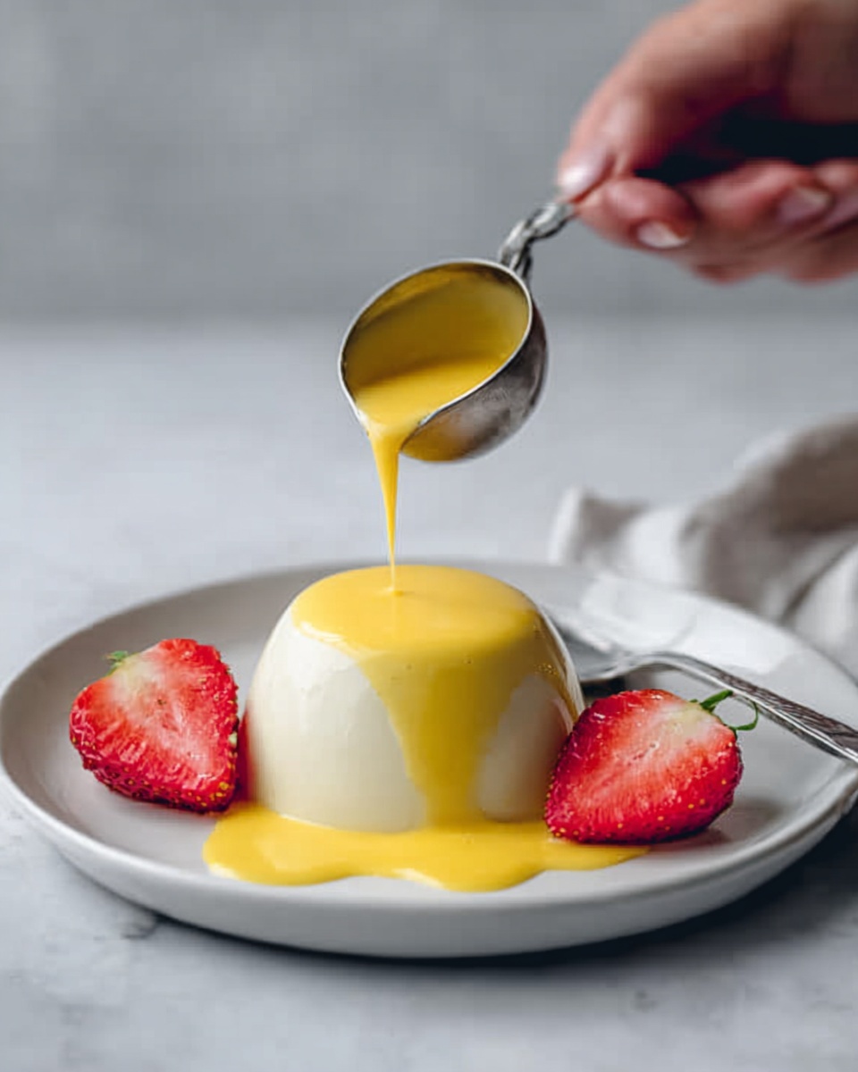 Mango Coconut Panna Cotta Recipe 4 A white round panna cotta dessert sits in the middle of a white plate, surrounded by two halved strawberries on one side and a silver spoon on the other. A woman's hand holds a small silver pitcher, pouring smooth, yellow sauce over the top of the panna cotta, creating a shiny texture as it flows down the sides. The background is a white marbled surface with soft natural light highlighting the glossy dessert. Photo taken with an iphone --ar 4:5 --v 7