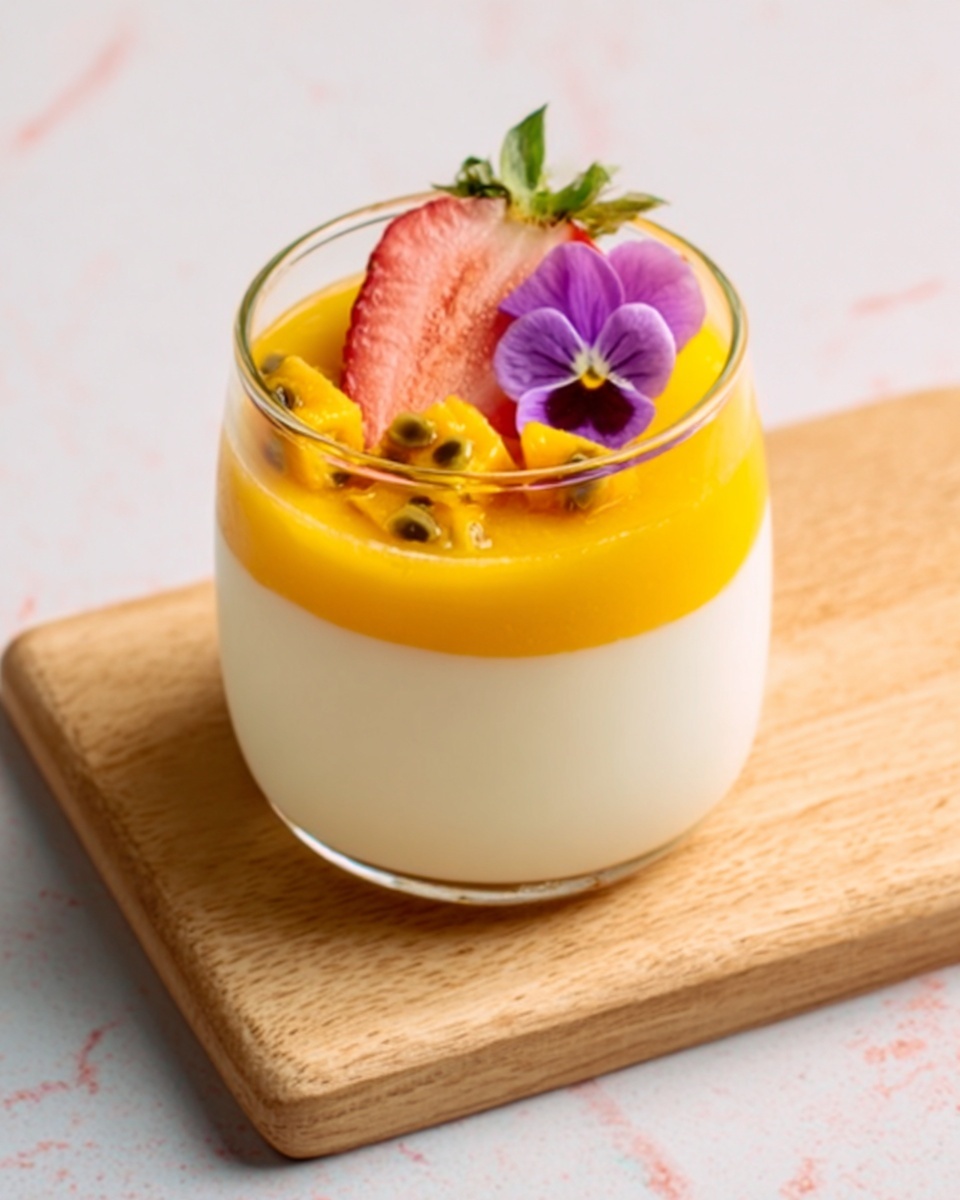 Mango Coconut Panna Cotta Recipe 5 The image shows a small, clear glass cup with three visible layers. The bottom layer is a smooth and creamy white base, the middle layer is a bright yellow jelly-like topping, and the top layer is decorated with small pieces of yellow mango, a sliced light pink strawberry, and a small edible brown and purple flower. The glass cup is placed on a light wooden board, and the surface beneath the board has a white marbled texture. photo taken with an iphone --ar 4:5 --v 7