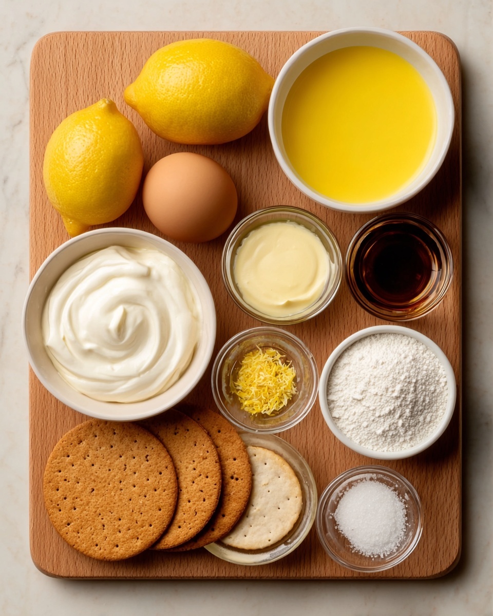 Mini Cheesecakes au Citron Recipe 4 The image shows a wooden board with several small white bowls and some whole ingredients arranged neatly. There are two yellow lemons and two brown eggs placed on the board. One bowl holds smooth, white cream, another has bright yellow liquid, one contains fine white granules. There is a small bowl with a dark brown liquid, another with fine yellow zest, and a tiny bowl with white powder. Three round, golden-brown crackers are placed on the board next to the cream bowl. The background is a white marbled surface. photo taken with an iphone --ar 4:5 --v 7