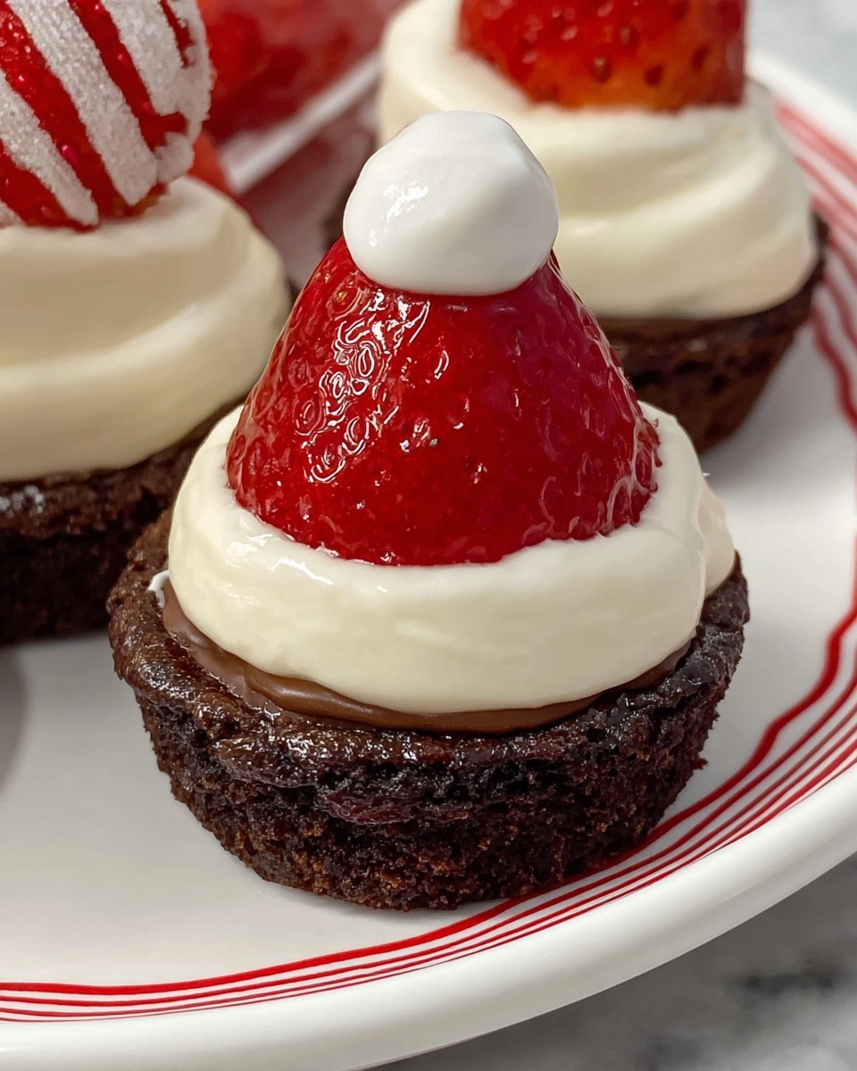 Holiday Cheer Brownie Bites Recipe 4 In this close-up image, there is a small dessert with three visible layers. The bottom layer is a dark brown, round chocolate cake base. On top of this is a thick, smooth white cream layer spread evenly. The third layer is a bright, shiny red strawberry placed upside-down on the cream, with a small dollop of the same white cream on the strawberry’s tip. The dessert is sitting on a white plate with red stripes, which rests on a white marbled surface. Photo taken with an iphone --ar 4:5 --v 7