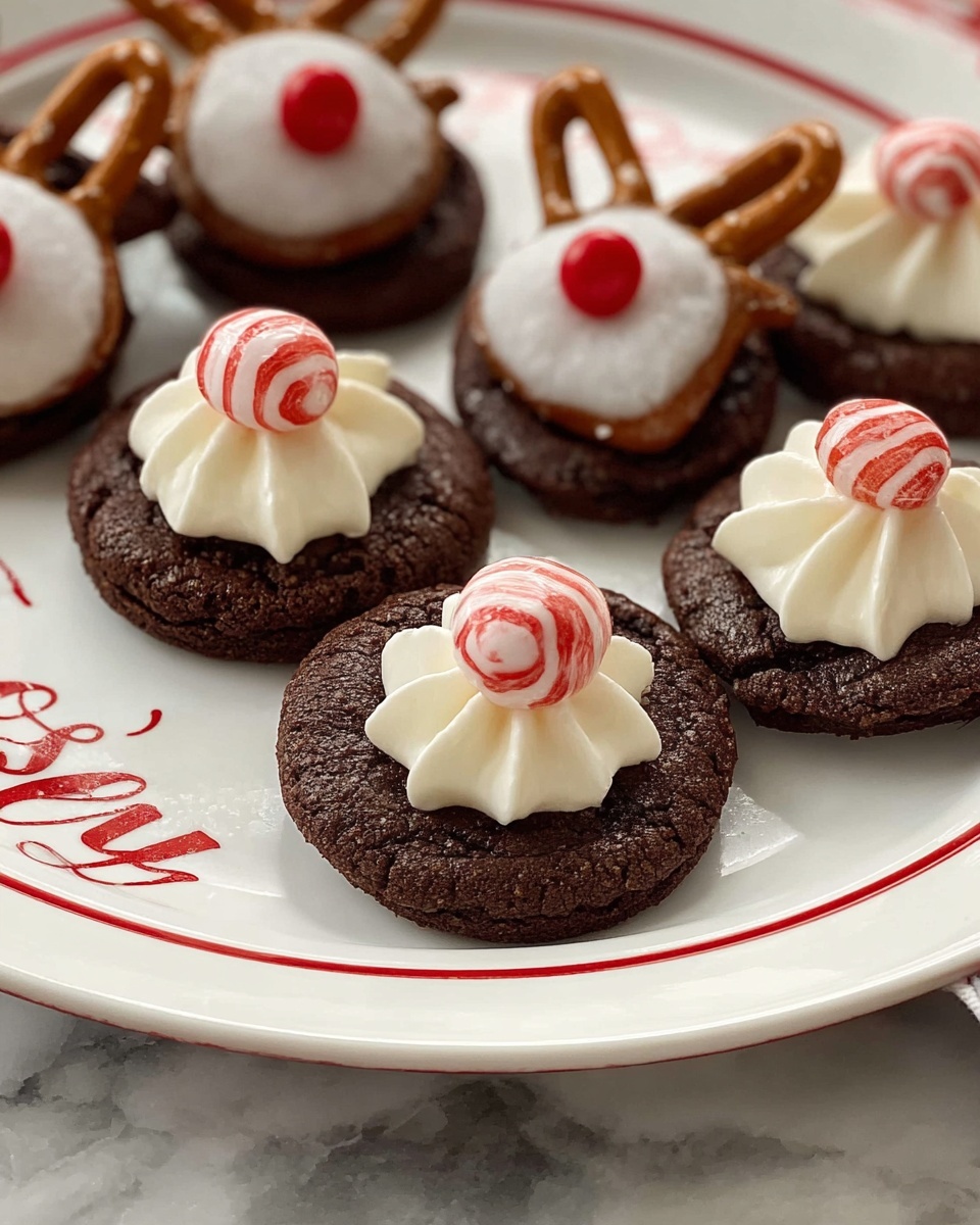 Holiday Cheer Brownie Bites Recipe 5 The image shows small dark brown chocolate cookies with a soft, slightly cracked texture as the base layer. On top, there is a dollop of smooth white cream, piped in a star shape with soft edges. In the center of the cream, a round candy striped with red and white sits, resembling a peppermint. The cookies are arranged on a white plate with red lettering and a thin red striped rim. In the background, one cookie is decorated to look like a reindeer with two pretzel sticks as antlers, candy eyes, and a red candy nose. The setting is on a white marbled surface. photo taken with an iphone --ar 4:5 --v 7