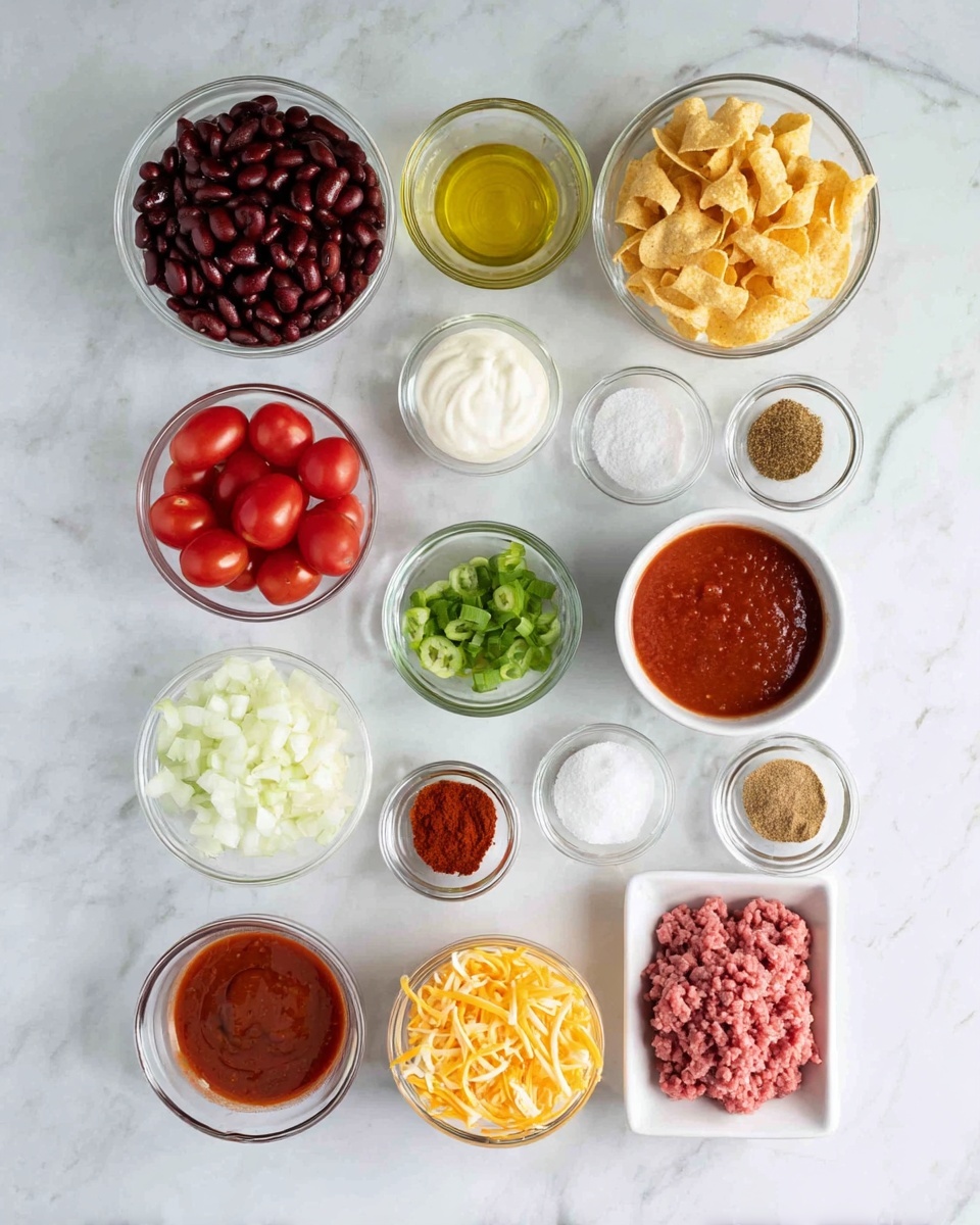Frito Chili Pie Casserole Recipe 4 A clean white marbled surface holds several small clear glass bowls and one white bowl arranged neatly, showing ingredients for a dish. From top left to bottom right, there is a white bowl filled with dark red kidney beans, a small bowl of light yellow oil, and a white bowl of curled light tan corn chips. Below these, a small bowl holds bright red halved cherry tomatoes, beside it a white bowl with smooth red tomato sauce, and a small bowl of reddish brown chili powder. To the left and below, a white bowl contains chopped white onions, next to a small bowl with chopped green onions, a tiny bowl with pale beige powder, and a small clear bowl of white salt. Lower down, a rectangular white bowl holds raw pink ground beef, a small white bowl filled with white creamy sour cream, a small clear bowl with light brown ground cumin, a small clear bowl with darker brown chili powder, and a small bowl with sliced green jalapeño peppers. Finally, a white bowl of shredded orange and white cheese completes the set. All items sit on a white marbled surface. Photo taken with an iphone --ar 4:5 --v 7