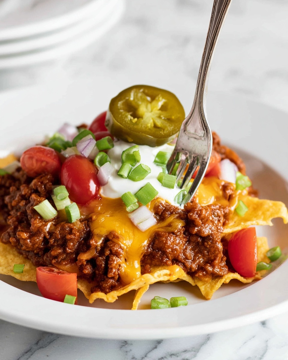 Frito Chili Pie Casserole Recipe 5 A white plate with a base layer of yellow corn chips topped with a thick layer of brown chili meat. Above the chili is a melted orange-yellow cheese layer. On top of the cheese, there is a white dollop of sour cream, red cherry tomato halves, white chopped onions, and green chopped green onions scattered around. A round green pickled jalapeño slice sits on top, held by a silver fork stabbed into the layers. The background shows a white marbled texture. photo taken with an iphone --ar 4:5 --v 7