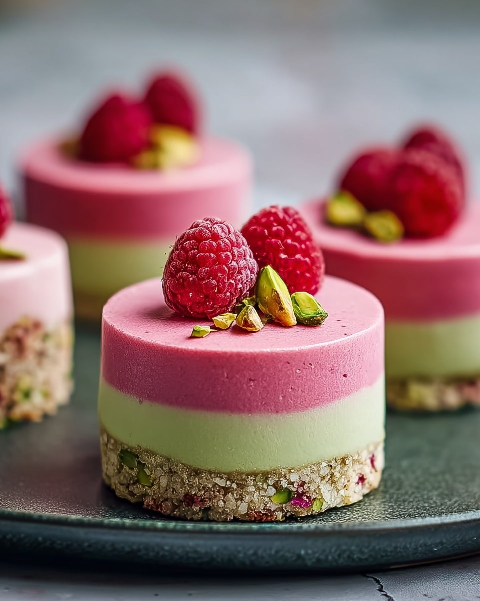 The image shows small round desserts with three clear layers arranged on a dark plate over a white marbled surface. The bottom layer is crumbly with mixed colors of beige, green, and pink, giving it a nutty and textured look. The middle layer is smooth and pale green, sitting evenly above the crumb base. The top layer is thick, creamy, and bright pink, dotted with small air holes. Each dessert is topped with two fresh red raspberries and small green pistachio pieces. The background is softly blurred, focusing attention on the front dessert. photo taken with an iphone --ar 4:5 --v 7
