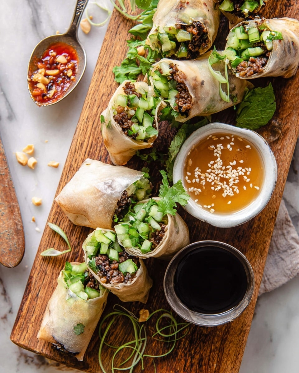 The image shows several rolls made with light tan thin wrappers, each filled with layers of dark brown cooked meat, bright green chopped cucumber, and fresh leafy herbs with some small pieces of peanuts sprinkled inside. Some rolls are whole, and others are cut in half to show the filling. The rolls sit on a wooden board with a small white bowl of light amber sauce topped with white sesame seeds near the top, and a small metal cup of dark soy sauce near the bottom. Thin strips of green onions are used as garnish on some rolls. The setting is on a white marbled surface with a silver spoon holding some reddish sauce and herbs visible at the top left corner. photo taken with an iphone --ar 4:5 --v 7