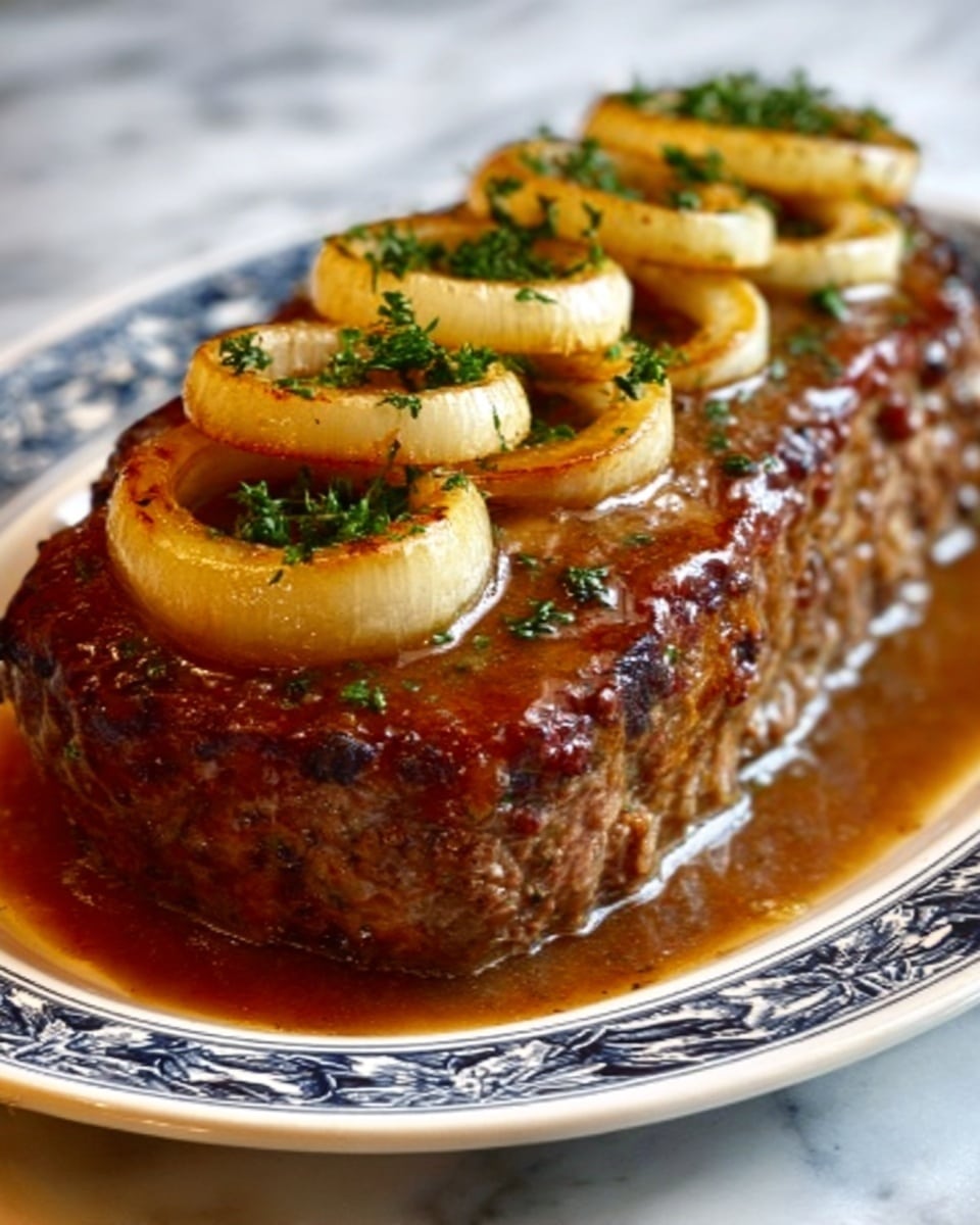 A large meatloaf on a white oval plate with dark blue patterns around the edge, covered in a shiny brown sauce. On top of the meatloaf, there are about eight thin golden onion rings laid flat in a row, each onion ring glistening and topped with small green herbs. The sauce looks rich and thick, pooling slightly at the base of the meatloaf. The background is a white marbled texture. photo taken with an iphone --ar 4:5 --v 7