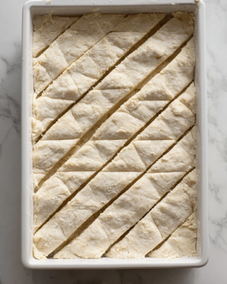 The image shows a rectangular white tray filled with a light beige dough layer. The dough is scored with deep, diagonal cuts forming diamond shapes all over the surface. The texture of the dough appears soft and slightly uneven. The tray rests on a white marbled surface. Photo taken with an iphone --ar 4:5 --v 7