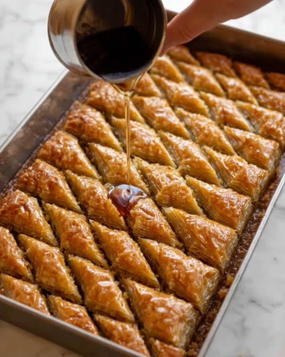 A metal tray filled with neatly arranged diamond-shaped pieces of baklava stacked in two layers, the top layer showing golden brown, crispy, and flaky pastry with visible thin layers folded diagonally. A woman's hand is pouring shiny, dark brown syrup slowly over the top, making the pieces glisten. The tray is placed on a white marbled surface. photo taken with an iphone --ar 4:5 --v 7