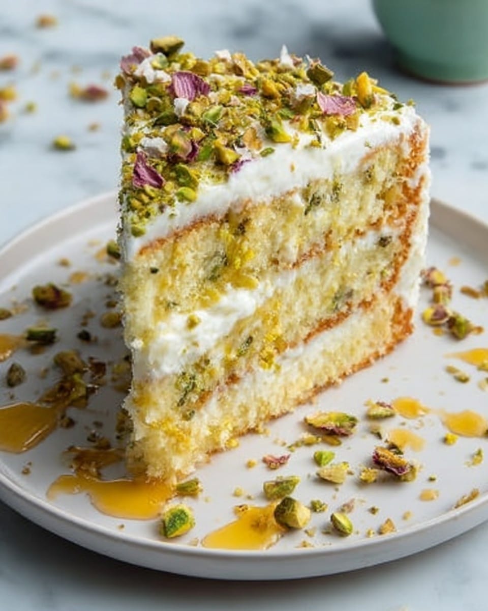 A single slice of light yellow cake with green pistachio bits spread throughout is placed in the middle of a white round plate. The cake has one visible layer with a slightly browned outer edge. The top surface of the cake is lightly dusted with white powdered sugar and sprinkled with chopped pistachio nuts. A few whole pistachios are placed on the white marbled surface near the bottom of the slice. A silver fork lies partially on the plate behind the cake. The background includes a glimpse of a white cup and saucer and part of the whole cake out of focus. photo taken with an iphone --ar 4:5 --v 7