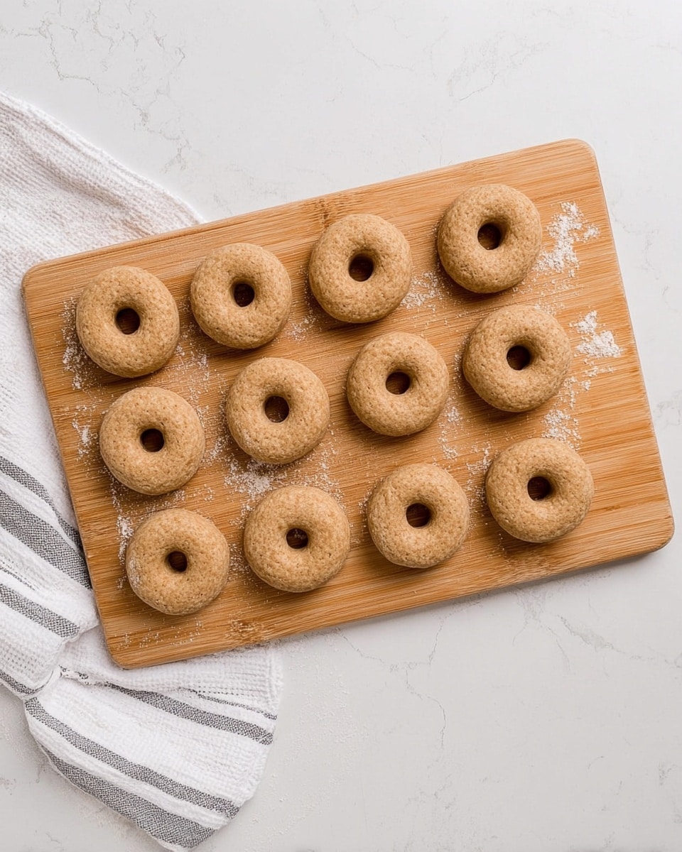 The image shows a wooden board with nine unbaked dough rings arranged in three rows. The dough rings are light brown with a rough texture, each having a small hole in the center. The wooden board has a few spots of white flour dusted around the dough rings. To the left side, a white towel with gray stripes is partly visible. The whole setup is placed on a white marbled surface, giving a clean and bright look. photo taken with an iphone --ar 4:5 --v 7