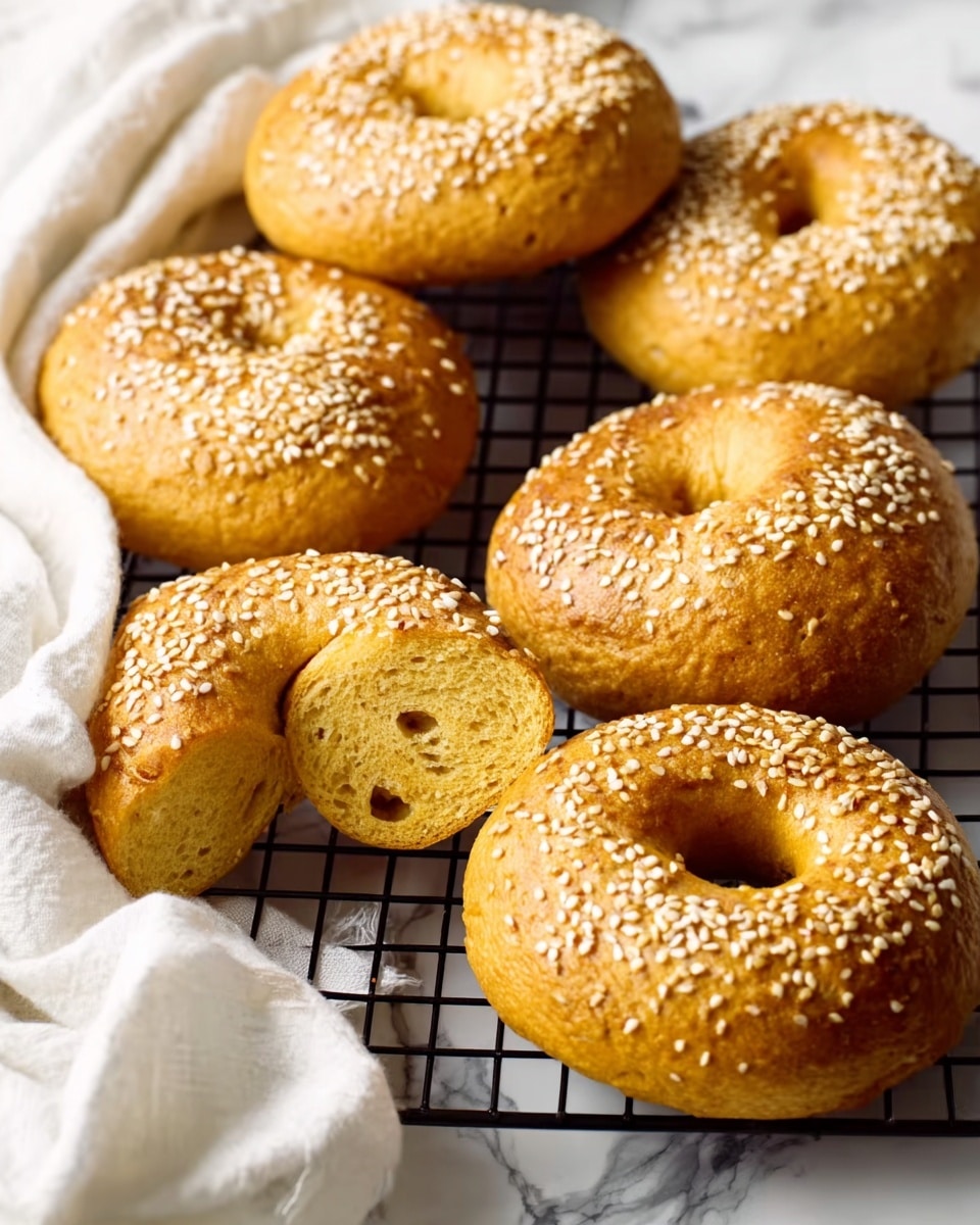 The image shows seven round bagels with a golden brown color and a soft, slightly shiny texture. Each bagel is topped with white sesame seeds giving a slight crunch to the smooth surface. The bagels are placed on a black wire cooling rack which rests on a white marbled surface. A white cloth is gently draped on the left side of the rack adding softness to the scene. The bagels have small holes in the center and one is cut in half showing its light and fluffy inside. Photo taken with an iphone --ar 4:5 --v 7