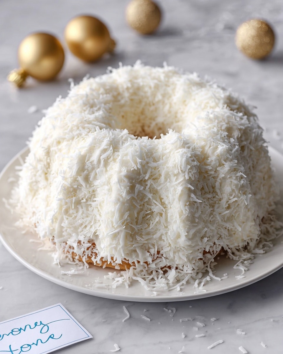A white round bundt cake covered fully with thick white frosting, topped and coated with shredded white coconut, creating a soft and fluffy texture all over. The cake is placed on a white plate, sitting on a white marbled surface with two small golden decorative balls blurred in the background and a small white card with blue handwritten text near the plate. photo taken with an iphone --ar 4:5 --v 7
