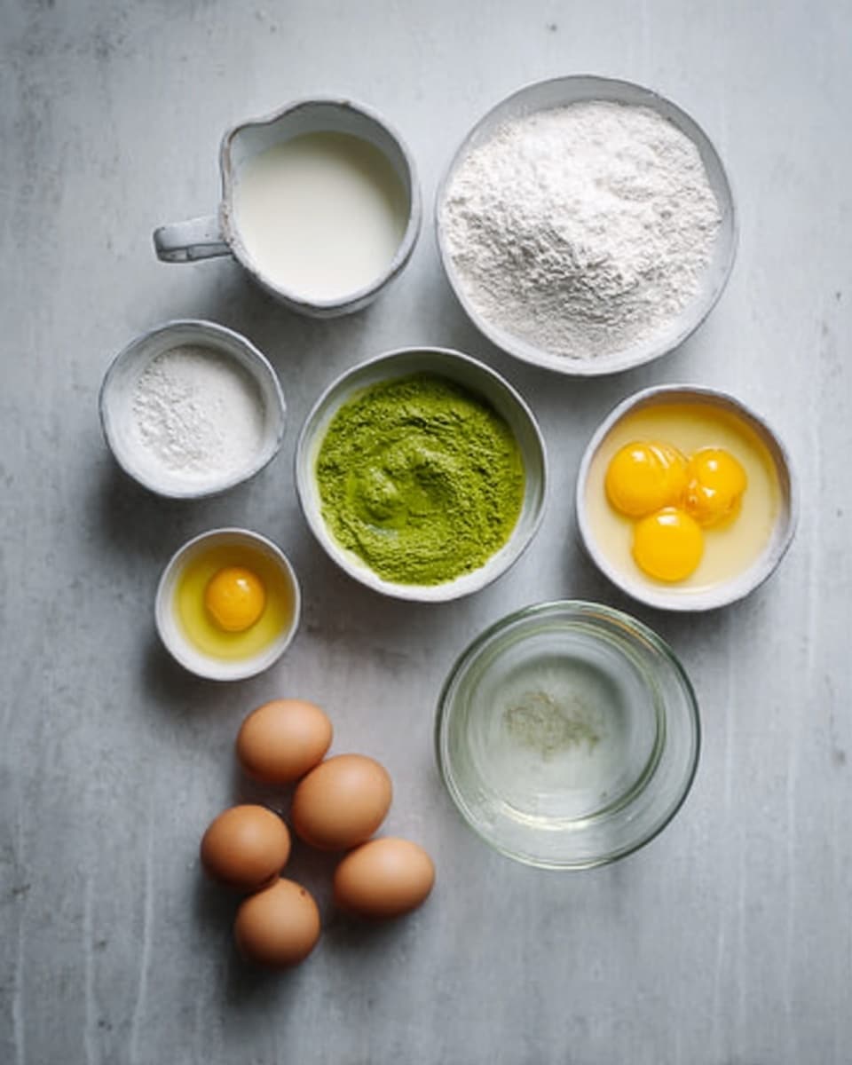 A collection of ingredients is arranged on a white marbled surface. There are six white bowls and cups, each holding different contents: a small cup with milk, a bowl with white flour, a bowl with a vibrant green paste, a cup also containing milk, a bowl with three bright yellow egg yolks, and a glass container filled with clear egg whites. Beside these, there are five whole eggs with light brown shells placed directly on the surface. The scene looks clean and organized, with the bowls varying in size but all white, and the background is a smooth white marble texture. photo taken with an iphone --ar 4:5 --v 7