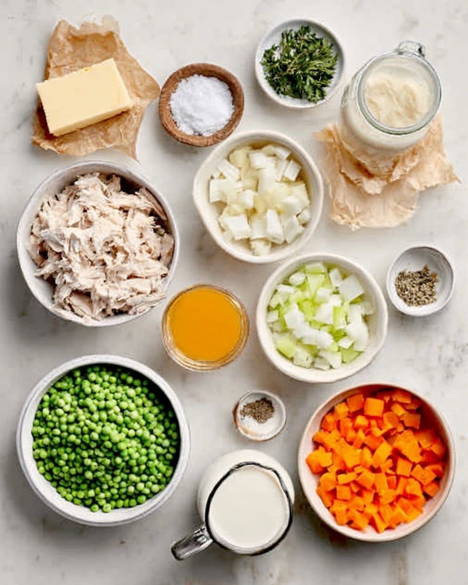 The image shows a white marbled surface with several small white bowls and containers arranged neatly. There is one bowl filled with shredded cooked chicken, another with green peas, and a third with diced celery. A separate bowl holds finely chopped white onions, while a small dish contains unsalted butter. Nearby, there is a white bowl holding diced orange carrots, a glass container filled with milk, and a small bowl with seasoning that looks like salt and pepper. Also present are a small bowl of fresh herbs, a small jar of orange liquid (likely juice), and a pile of torn parchment paper on the side. The setup looks clean and well-organized, ready for cooking. Photo taken with an iphone --ar 4:5 --v 7