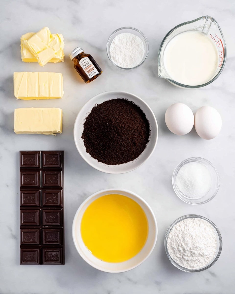 The image shows a flat lay of baking ingredients on a white marbled surface, arranged neatly in a grid. There is a white bowl filled with bright yellow melted butter in the center bottom, beside it to the left is a small bottle of vanilla extract and a container of baking powder. Above the butter is a larger round white bowl filled with dark, finely ground coffee or cocoa powder. To the right of the powder, four large eggs rest directly on the surface. Above the eggs, a clear glass measuring cup holds white cream. Left of the cream is a rectangular dark chocolate bar with divided squares. On the left side of the image, two sticks of unsalted butter in yellow wrappers lie above a small glass bowl filled with white powdered sugar. Next to that bowl, on the far right bottom corner is a round glass bowl holding white granulated sugar. The clean and bright setting emphasizes the simple yet rich ingredients. Photo taken with an iphone --ar 4:5 --v 7