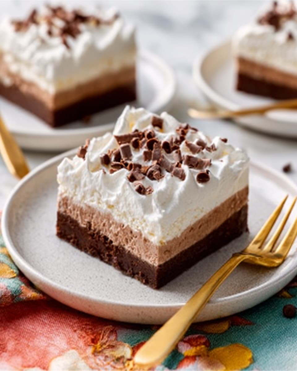 A white plate holds a square piece of layered dessert with three clear layers: the bottom layer is dark brown and dense, the middle layer is a lighter, creamy brown, and the top layer is thick, white whipped cream. On top of the whipped cream, there are small chocolate curls scattered evenly. To the side of the plate, a gold fork rests on a white marbled surface with a colorful cloth underneath. In the background, there is another plate with a similar dessert slightly out of focus. Photo taken with an iphone --ar 4:5 --v 7