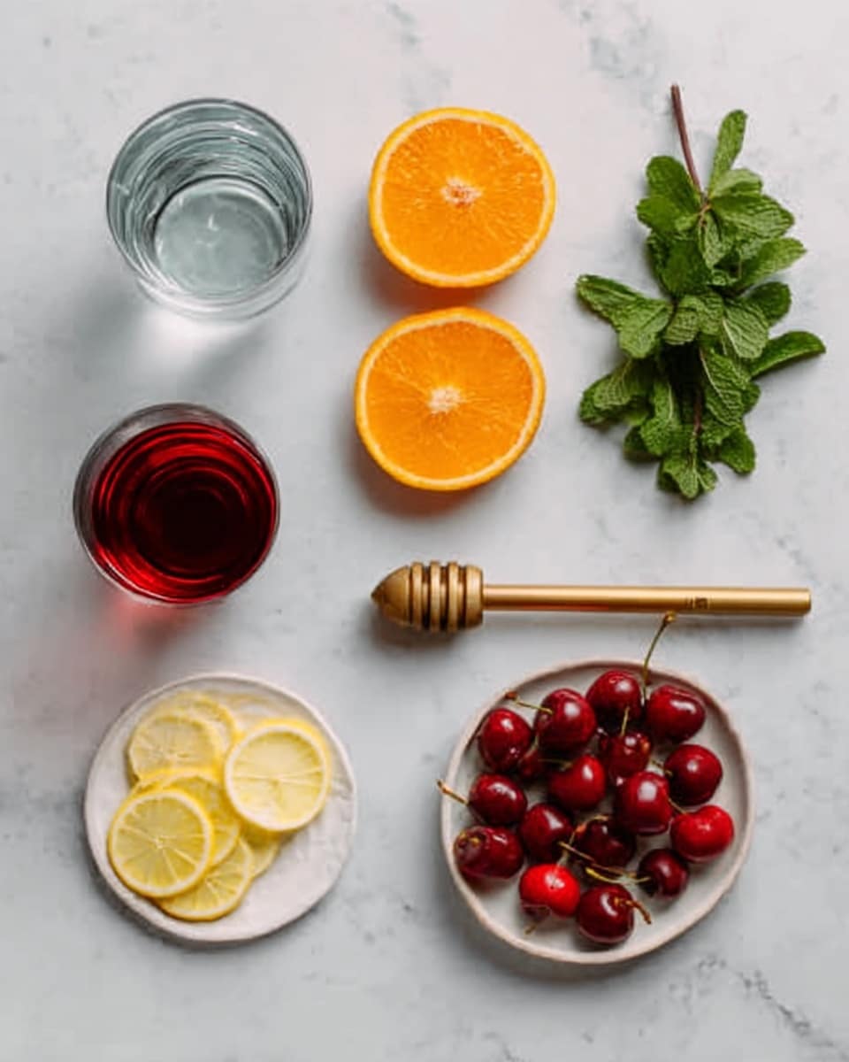 The image shows a white marbled surface with six groups of items arranged neatly. In the top left are two clear glasses, one filled with water and the other a dark red drink. Below these are three bright orange slices stacked slightly overlapping. To the right of the orange slices is a small bunch of green fresh mint leaves. Below the mint, a golden honey dipper with a wooden handle lies horizontally. On the bottom left corner, there is a white plate with thin lemon slices arranged in a circle. On the bottom right corner, there is a white plate filled with red cherries, some with green stems. Photo taken with an iphone --ar 4:5 --v 7