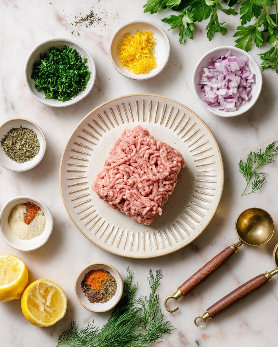 A white round plate with light beige patterns holds a single block of raw pink ground meat placed in the center. Around the plate on a white marbled surface, there are six small white bowls filled with different ingredients: one with green chopped herbs, one with finely chopped dill, one with diced red onion, one with yellow lemon zest, and one with a mix of spices in various shades of brown, orange, black, and white. Two lemon halves with bright yellow skin and juicy inside sit on the surface near the bottom left, while fresh green parsley and dill sprigs surround the bowls. Two brass measuring spoons with wooden handles rest at the bottom right of the image. photo taken with an iphone --ar 4:5 --v 7