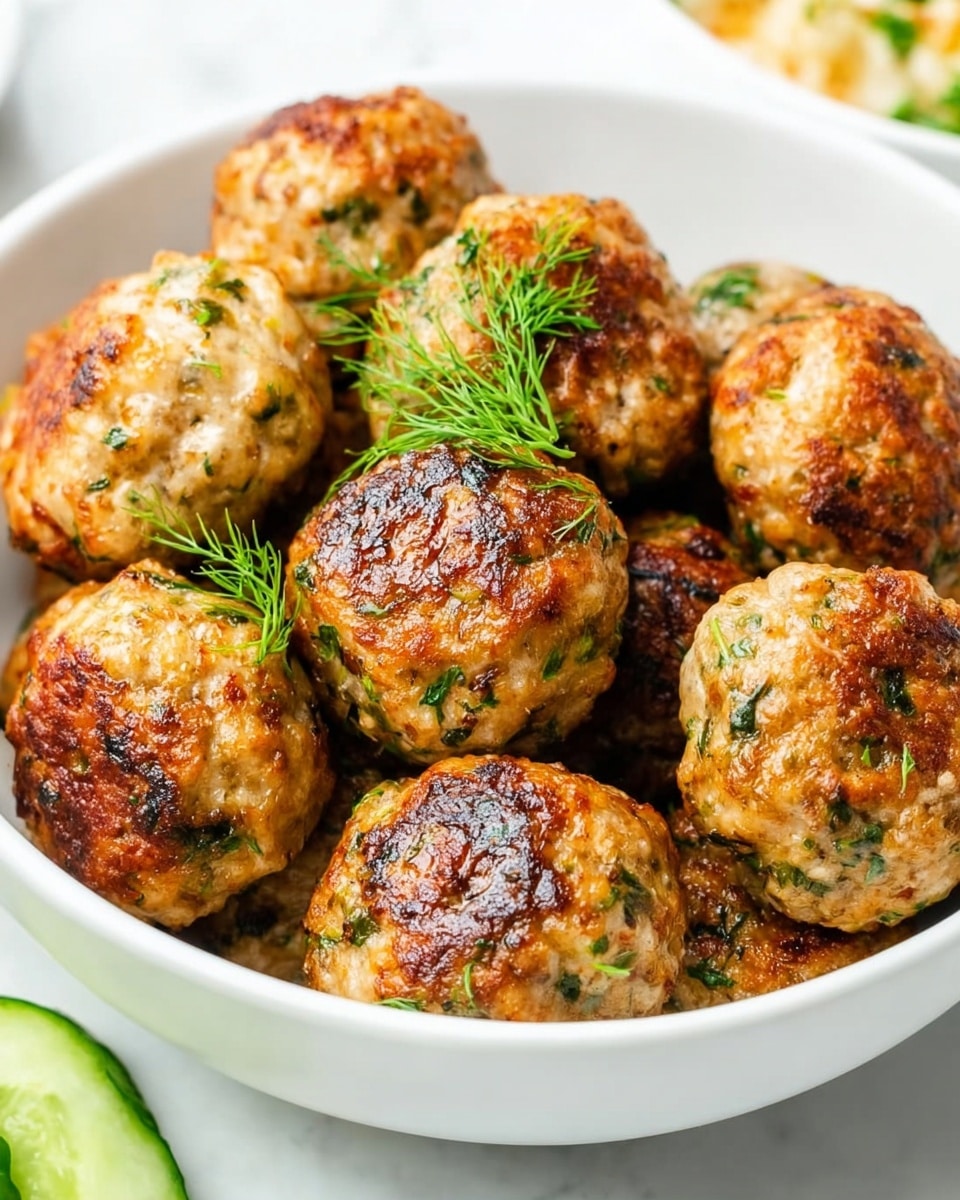 A white bowl filled with about ten golden-brown meatballs, each with a slightly crispy outside and visible green herbs mixed in. The meatballs are tightly packed together, and some small sprigs of fresh green dill sit on top as garnish. The background is a clean white marbled surface, and a few slices of cucumber can be seen in the lower corner. Photo taken with an iphone --ar 4:5 --v 7
