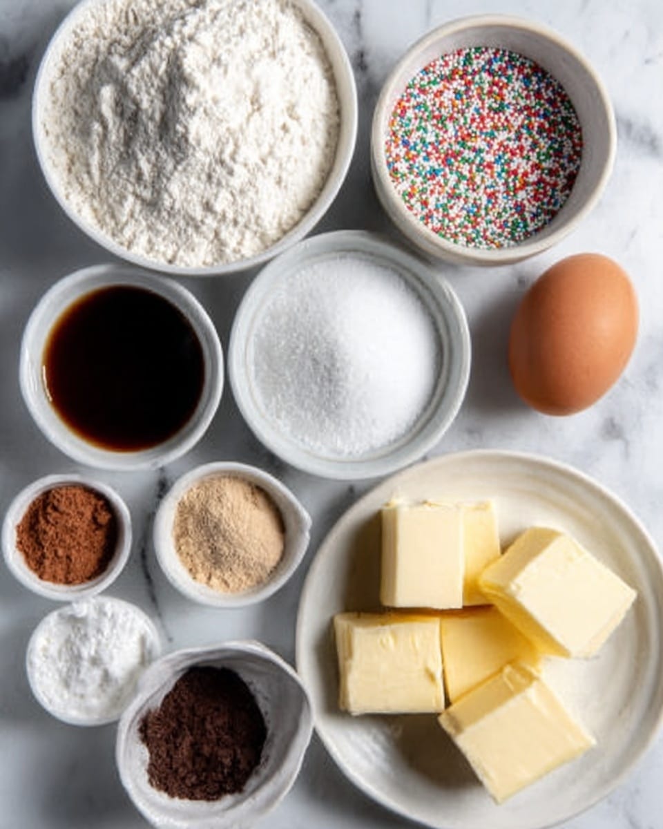 The image shows a white marble background surface with several small white bowls and a white plate neatly arranged. There is one bowl filled with white flour, another with colorful round sprinkles, a bowl with white sugar, a small bowl with dark brown liquid, one bowl with light brown powder, another with a darker brown powder, and a very small bowl with white granules. A white plate holds several square pieces of pale yellow butter. Next to the bowls and plate, there is a whole brown egg. The lighting is soft and natural, highlighting the textures and colors of the ingredients. Photo taken with an iphone --ar 4:5 --v 7